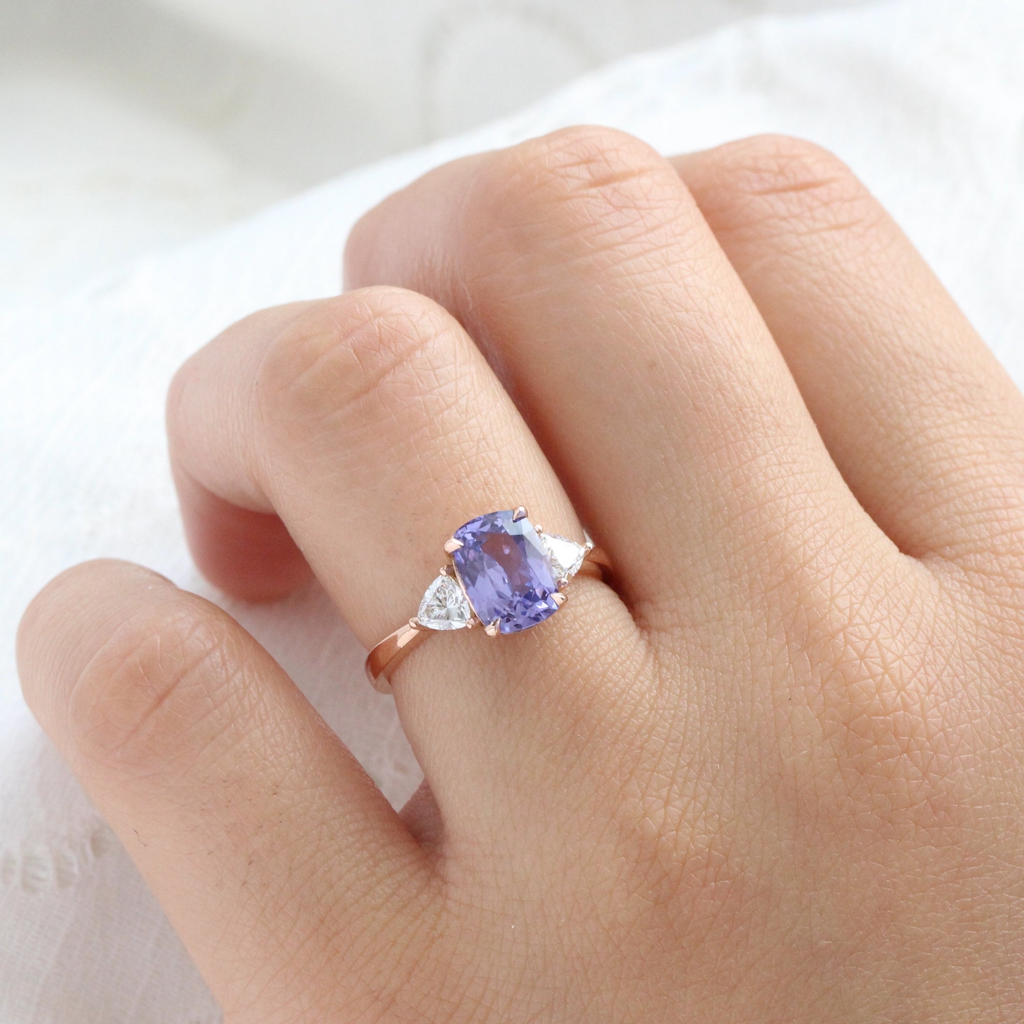Cushion lavender purple sapphire ring rose gold 3 stone diamond ring la more design jewelry