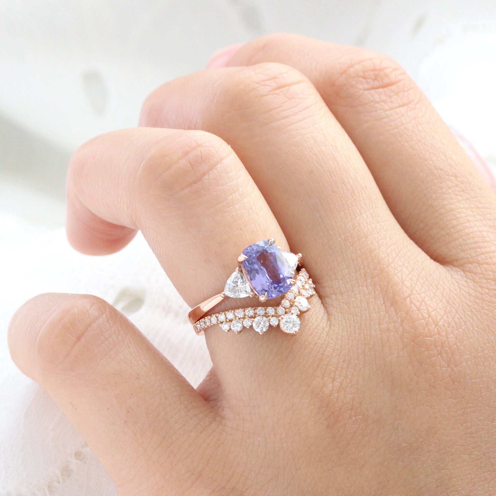 Cushion lavender purple sapphire ring rose gold 3 stone diamond ring la more design jewelry