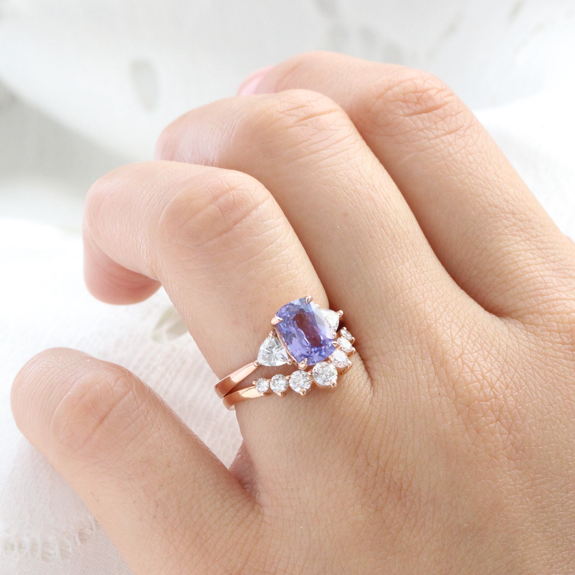 Cushion lavender purple sapphire ring rose gold 3 stone diamond ring la more design jewelry