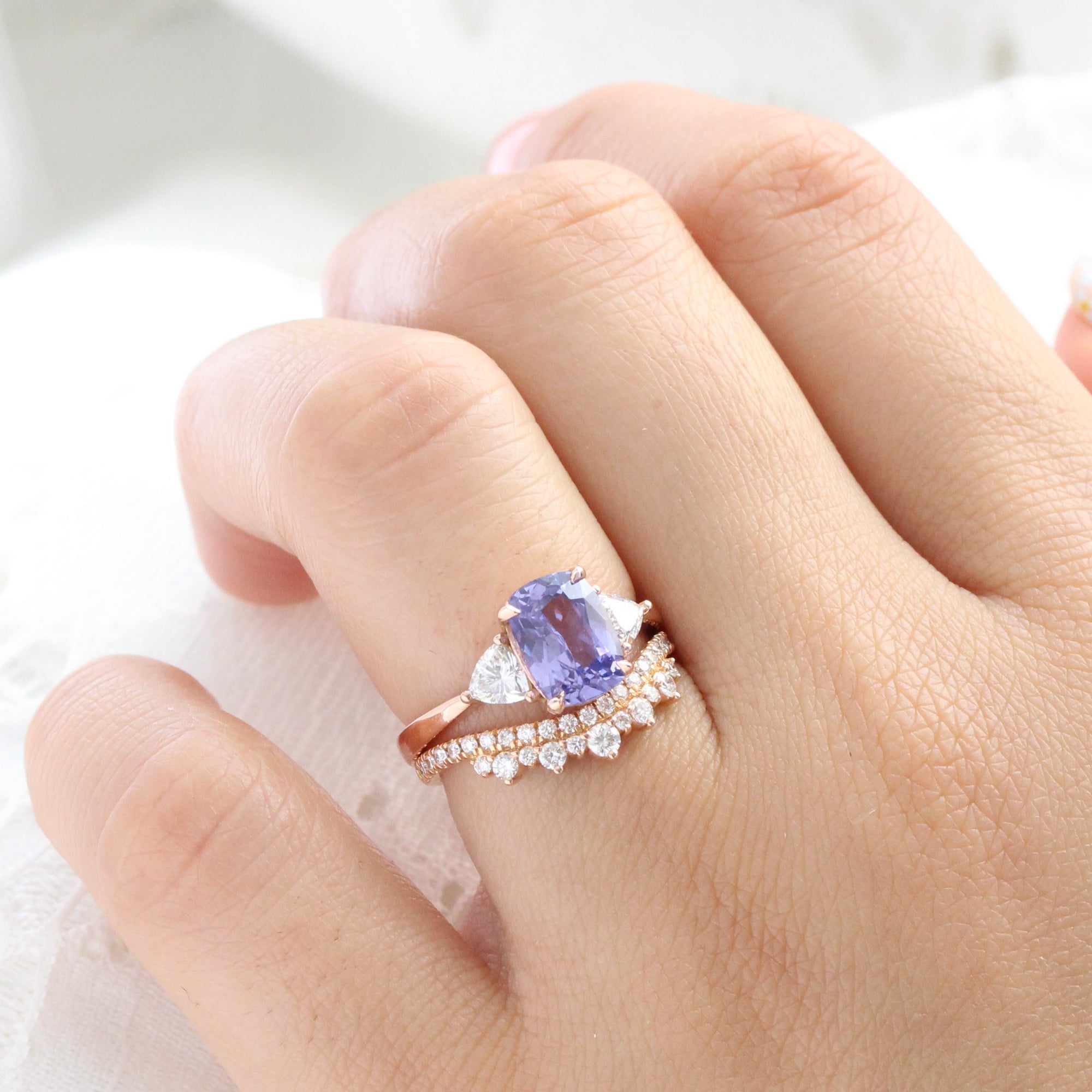 Cushion lavender purple sapphire ring rose gold 3 stone diamond ring la more design jewelry