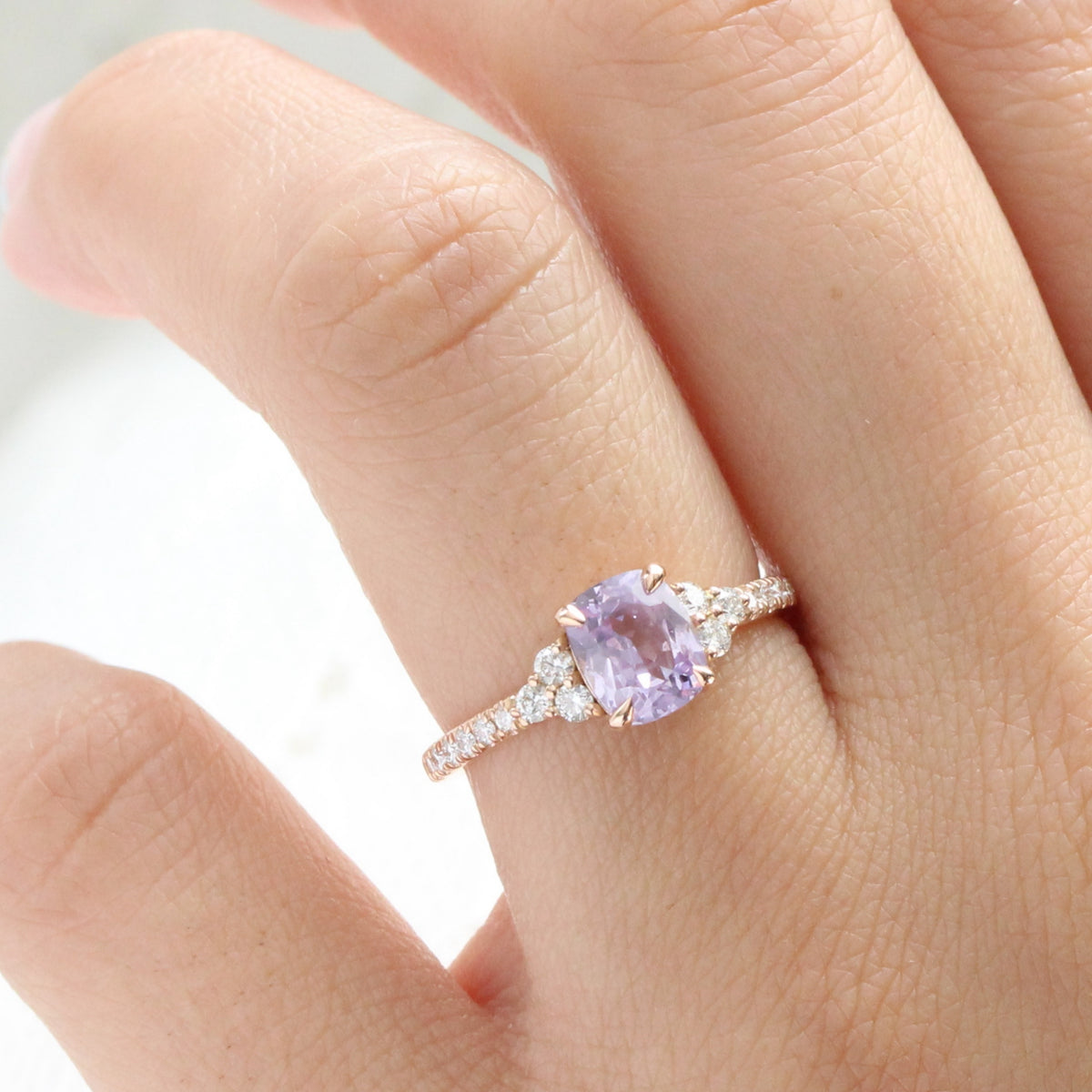 Cushion lavender sapphire ring rose gold 3 stone diamond ring la more design jewelry