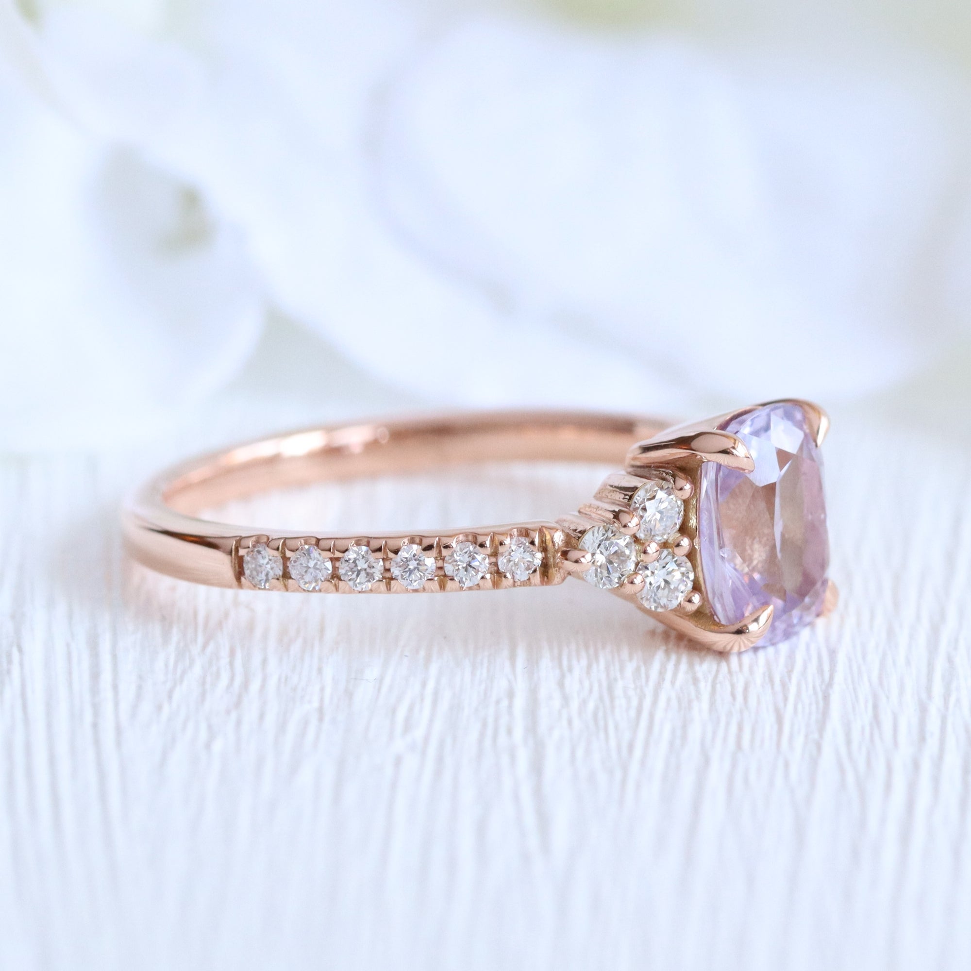 Cushion lavender sapphire ring rose gold 3 stone diamond ring la more design jewelry