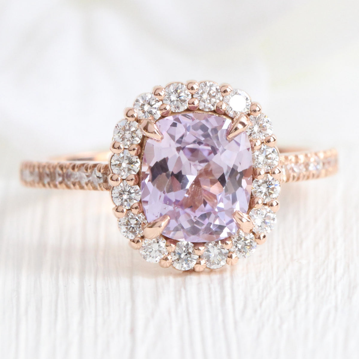 Cushion lavender sapphire ring rose gold halo diamond purple sapphire pave ring la more design jewelry