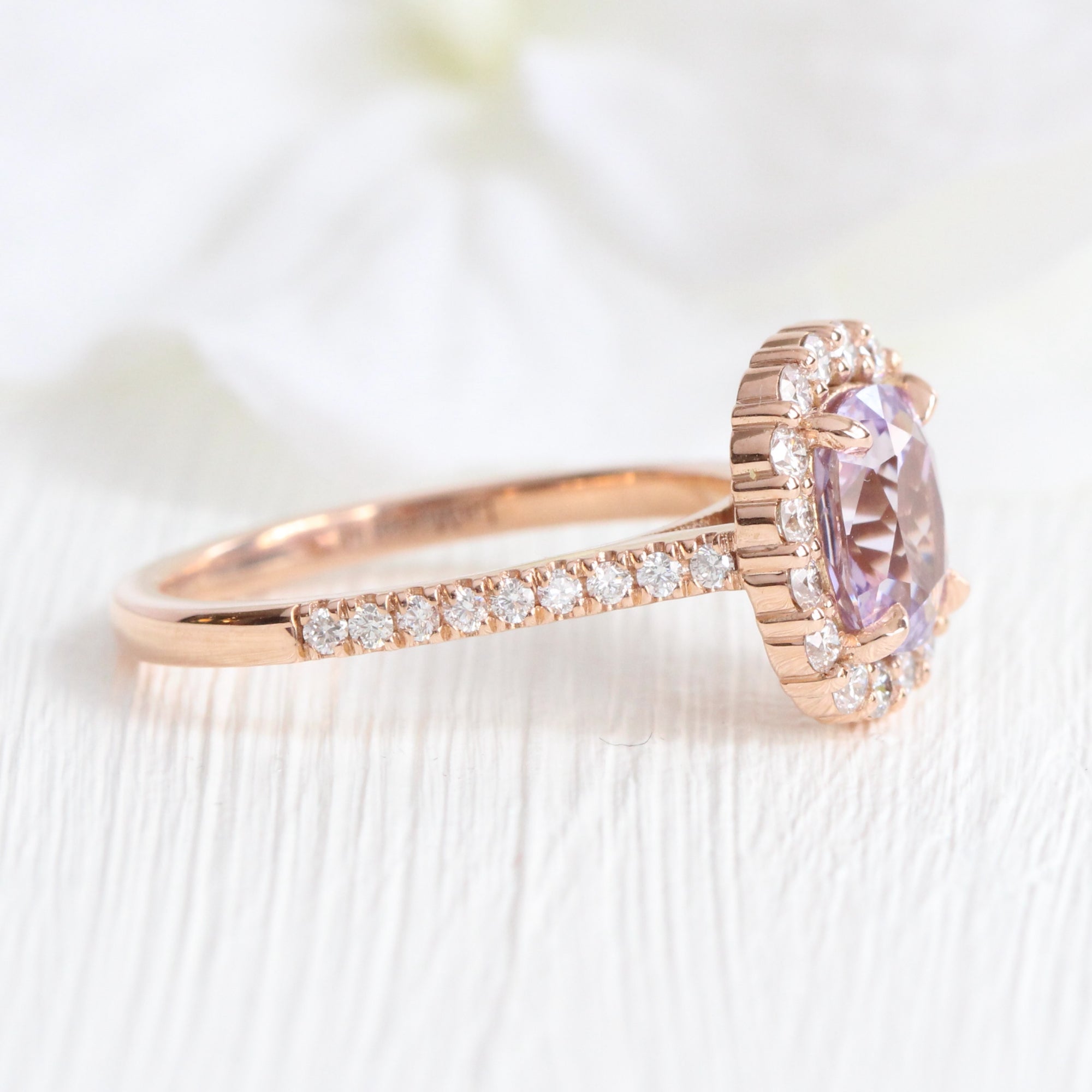 Cushion lavender sapphire ring rose gold halo diamond purple sapphire pave ring la more design jewelry