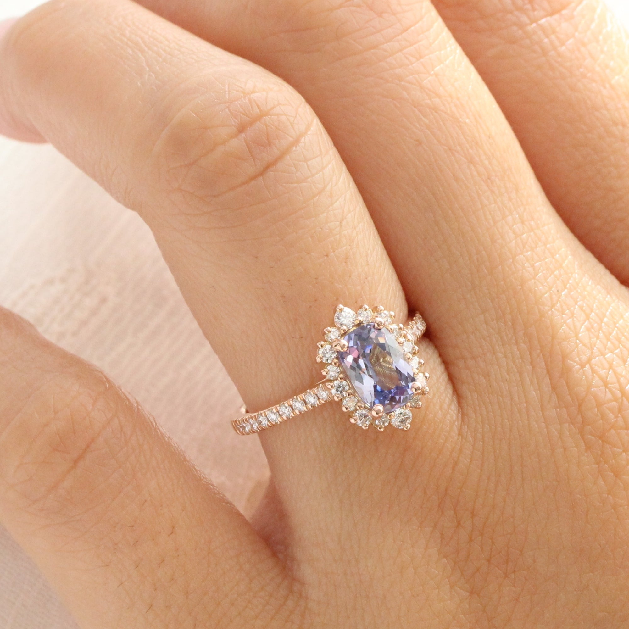Cushion lavender sapphire ring rose gold halo diamond sapphire engagement ring la more design jewelry