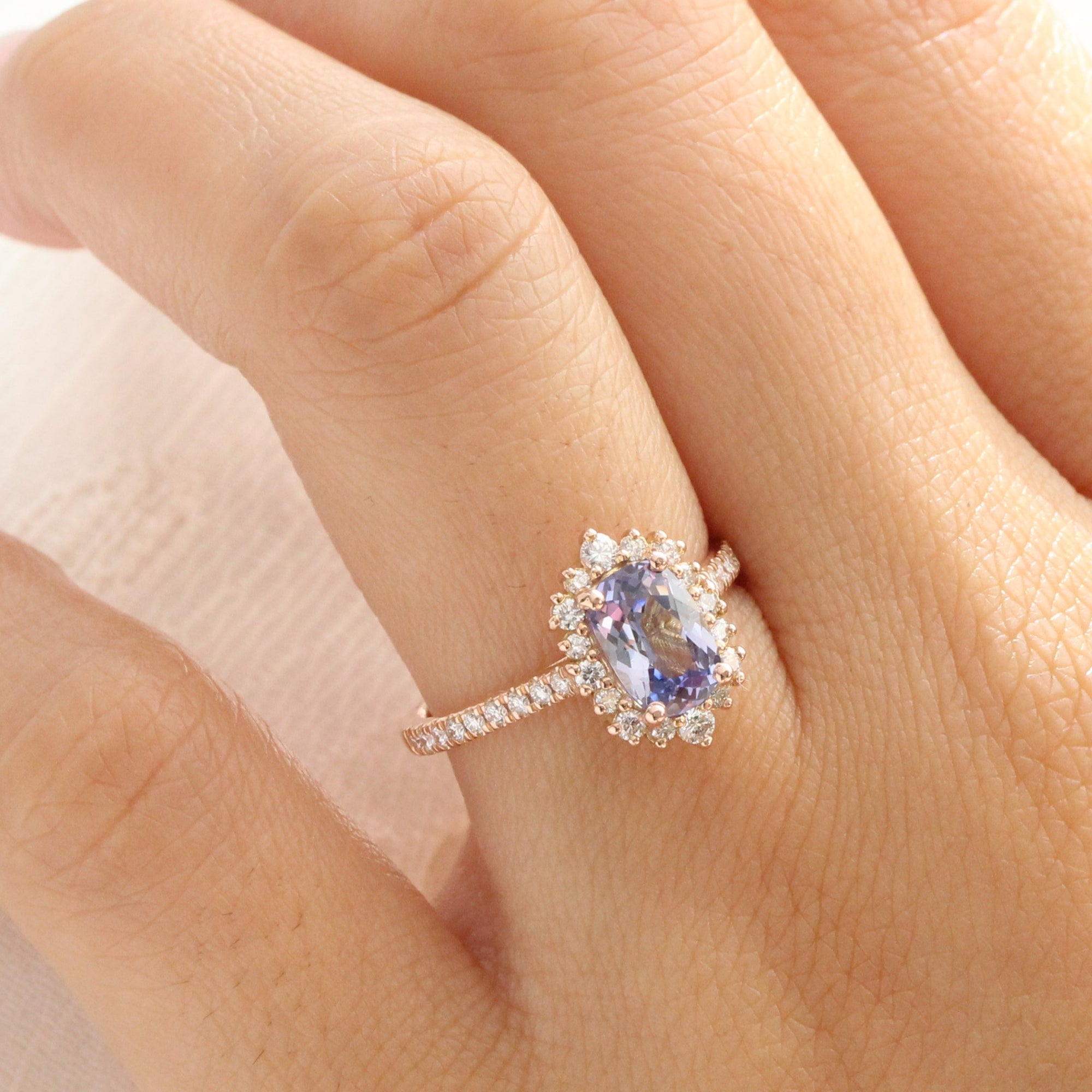Cushion lavender sapphire ring rose gold halo diamond sapphire engagement ring la more design jewelry
