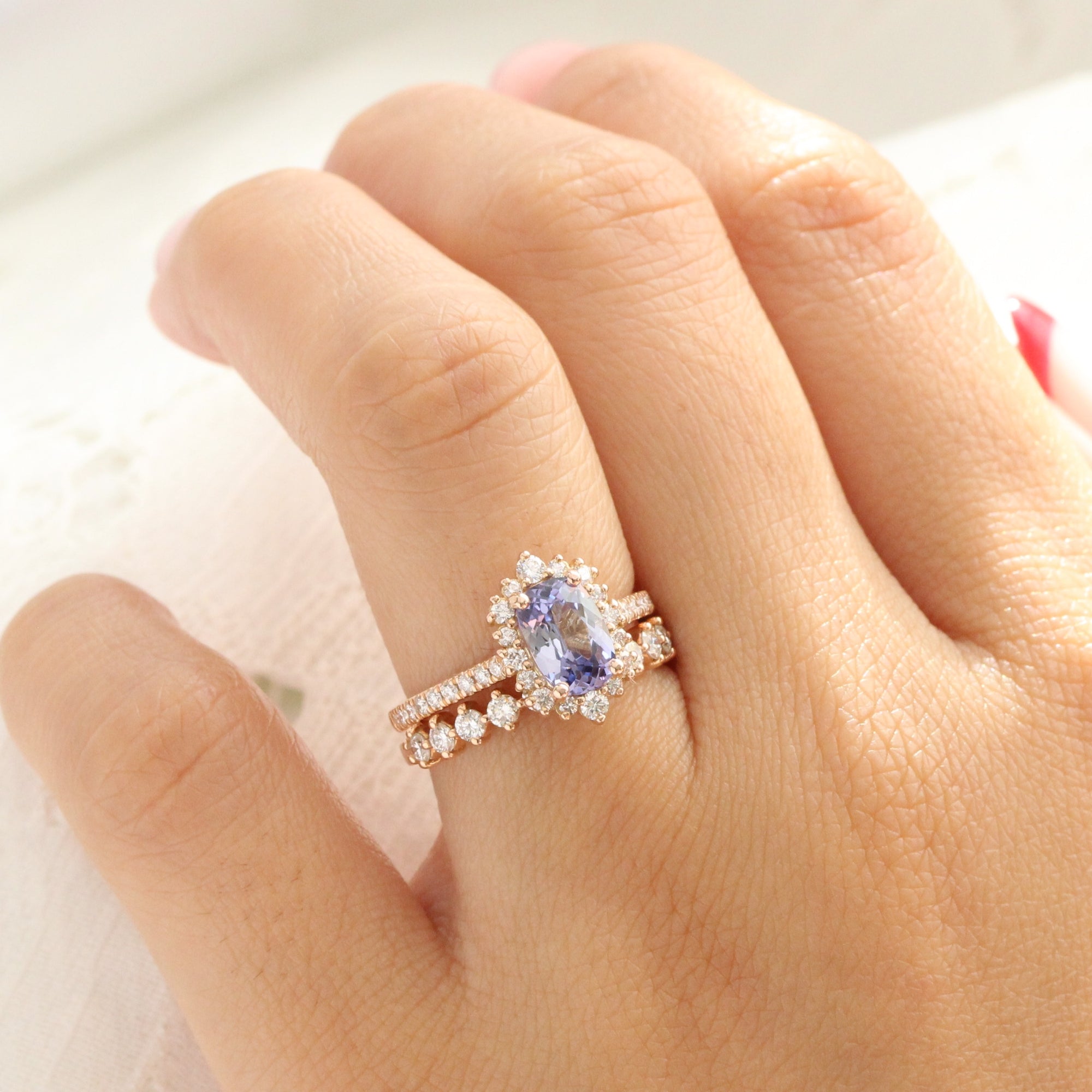 Cushion lavender sapphire ring rose gold halo diamond sapphire engagement ring la more design jewelry