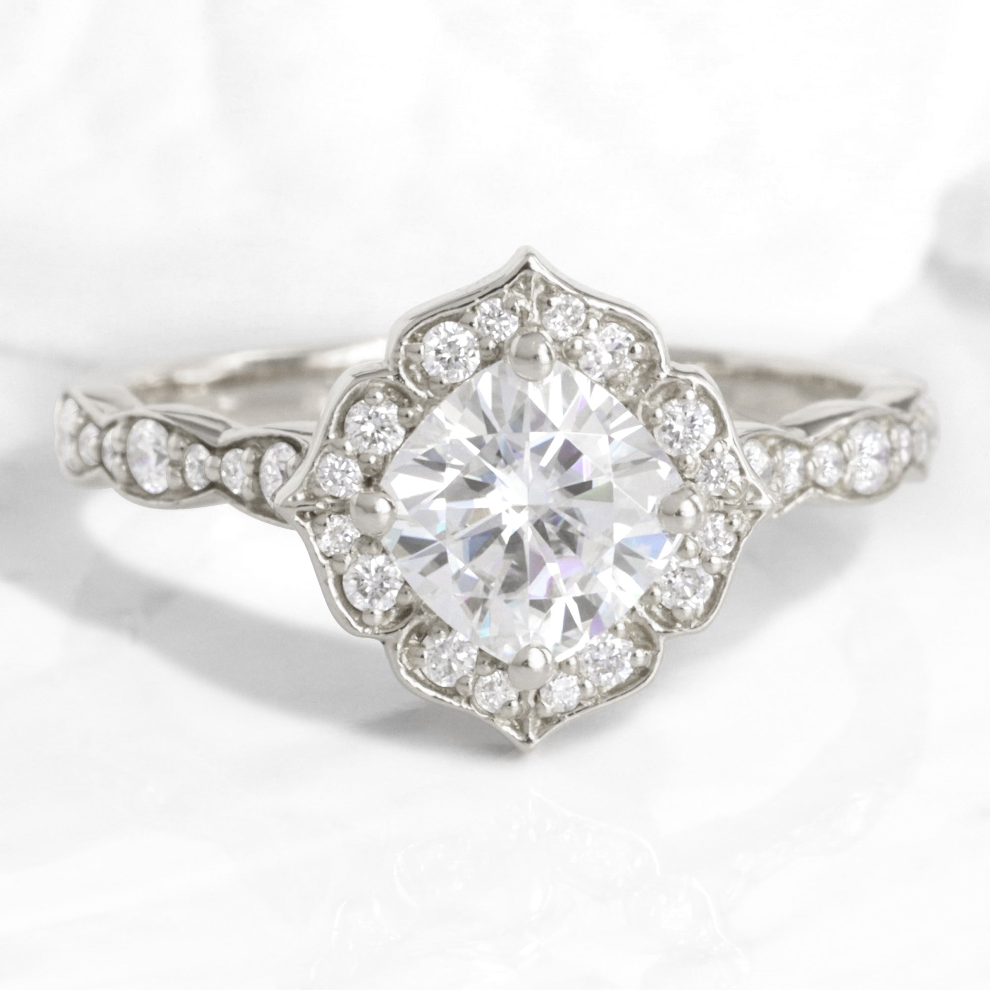 vintage floral moissanite engagement ring white gold scalloped diamond band by la more design jewelry