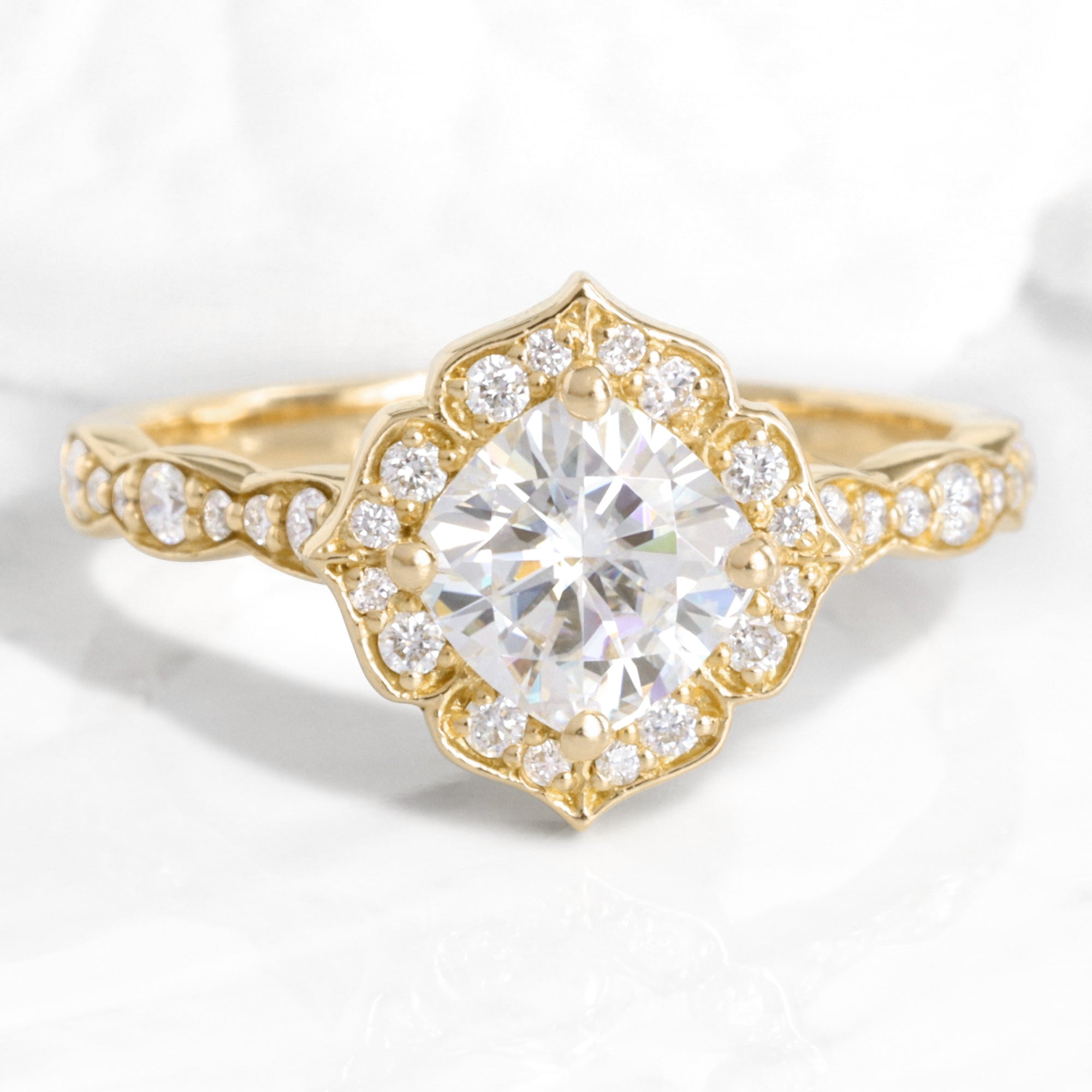 Cushion moissanite engagement ring gold vintage halo diamond moissanite ring la more design jewelry