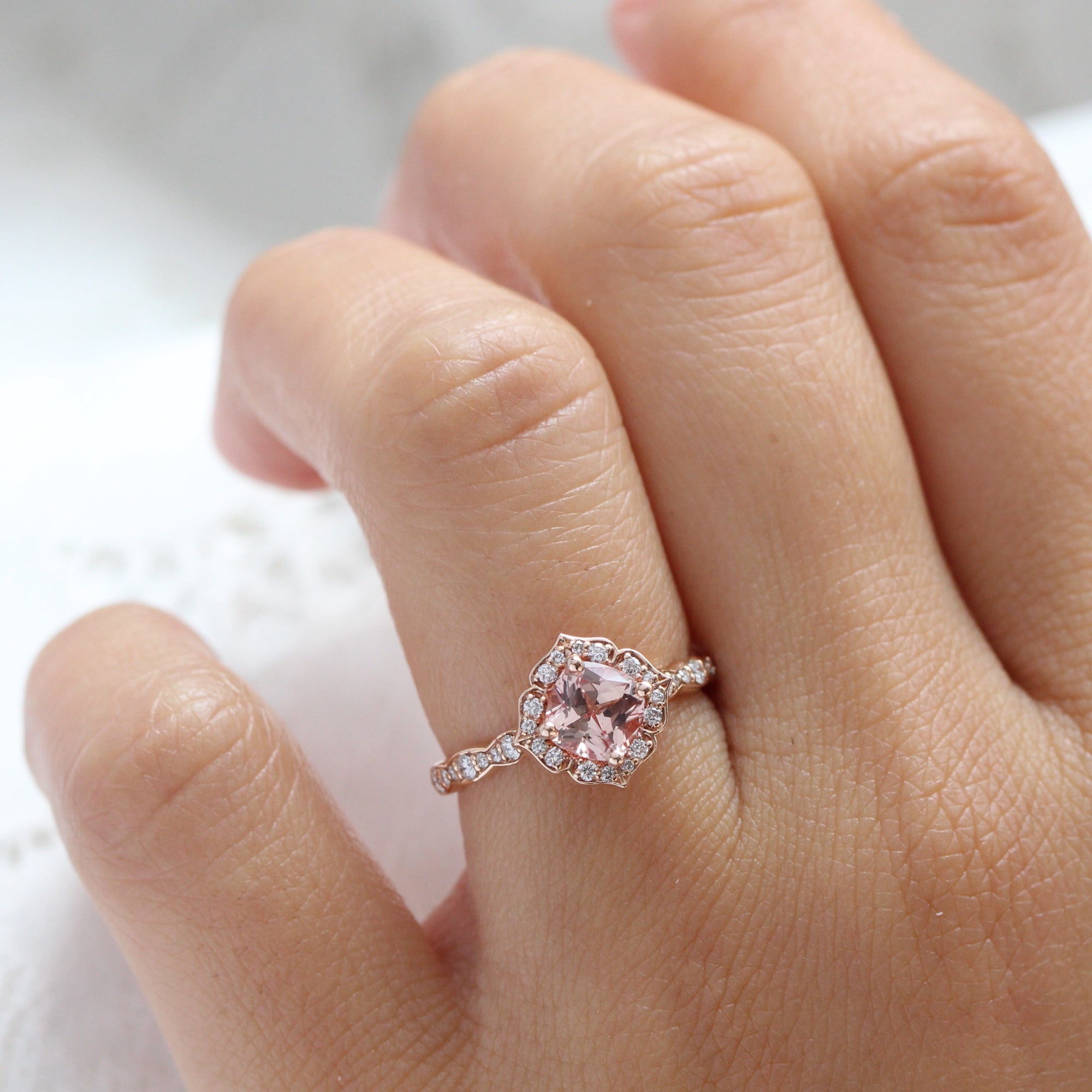 Mini Vintage Floral Peach Sapphire Ring in 14k Rose Gold Scalloped Diamond Band, Size 6