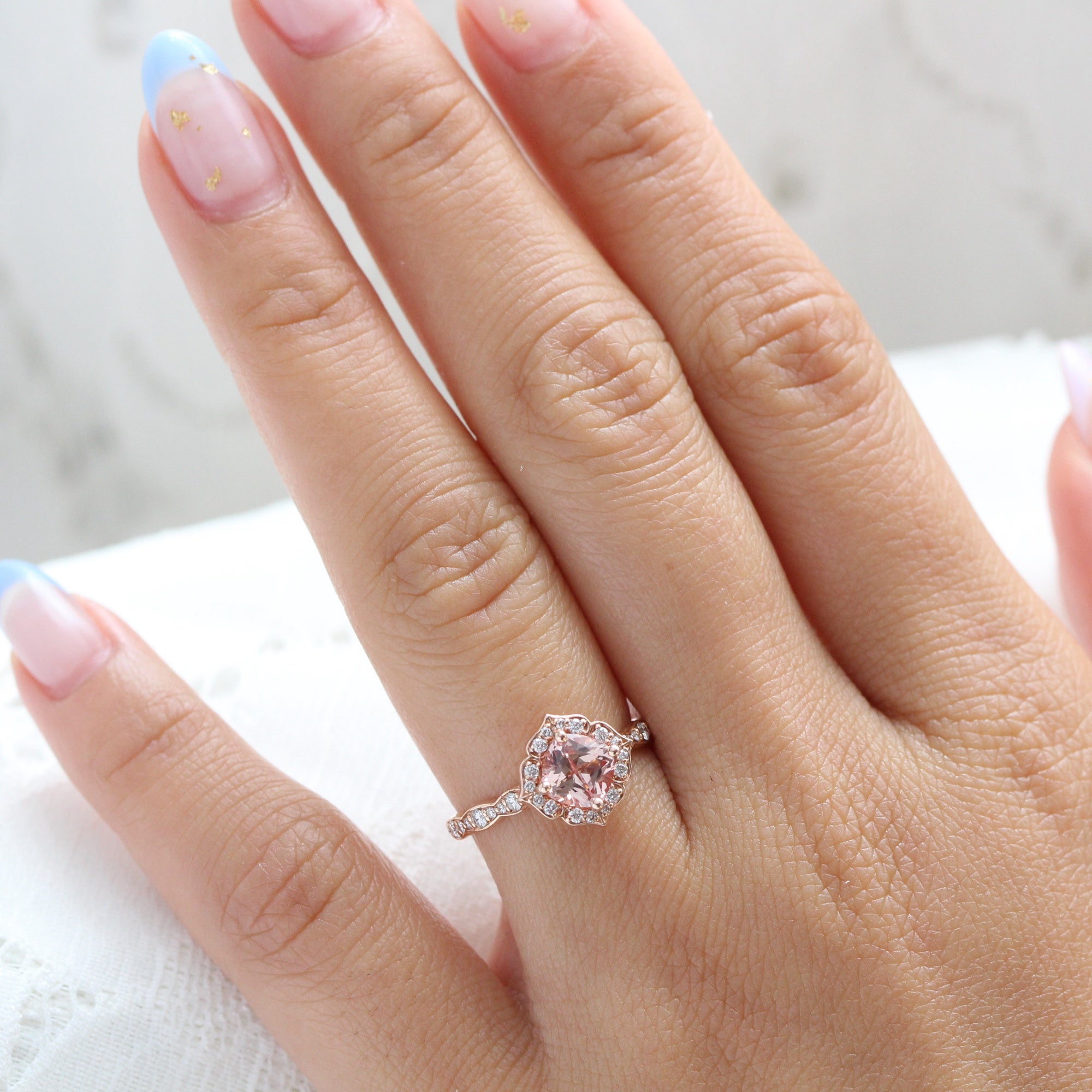 Mini Vintage Floral Peach Sapphire Ring in 14k Rose Gold Scalloped Diamond Band, Size 6