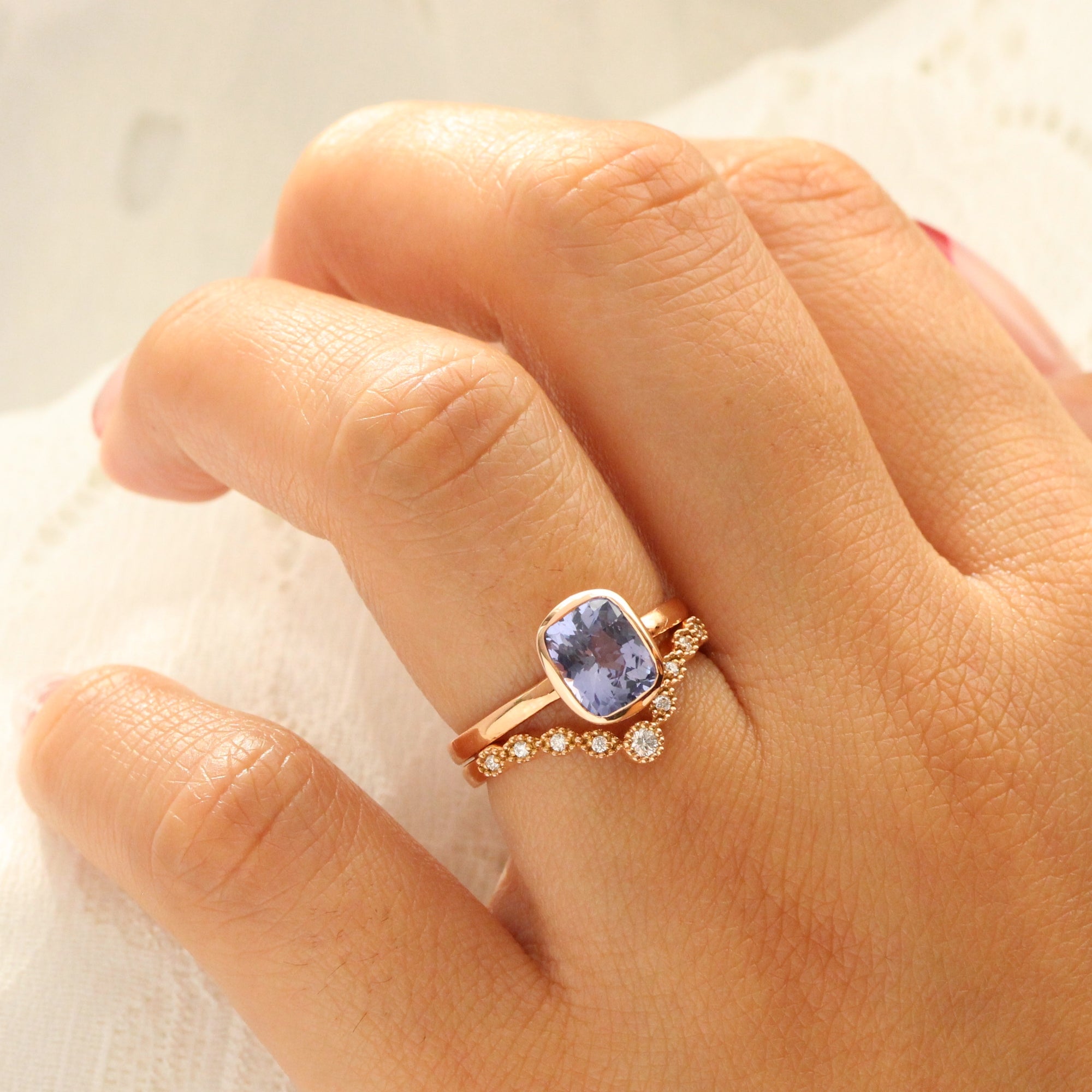 Cushion purple sapphire ring rose gold bezel solitaire ring la more design jewelry