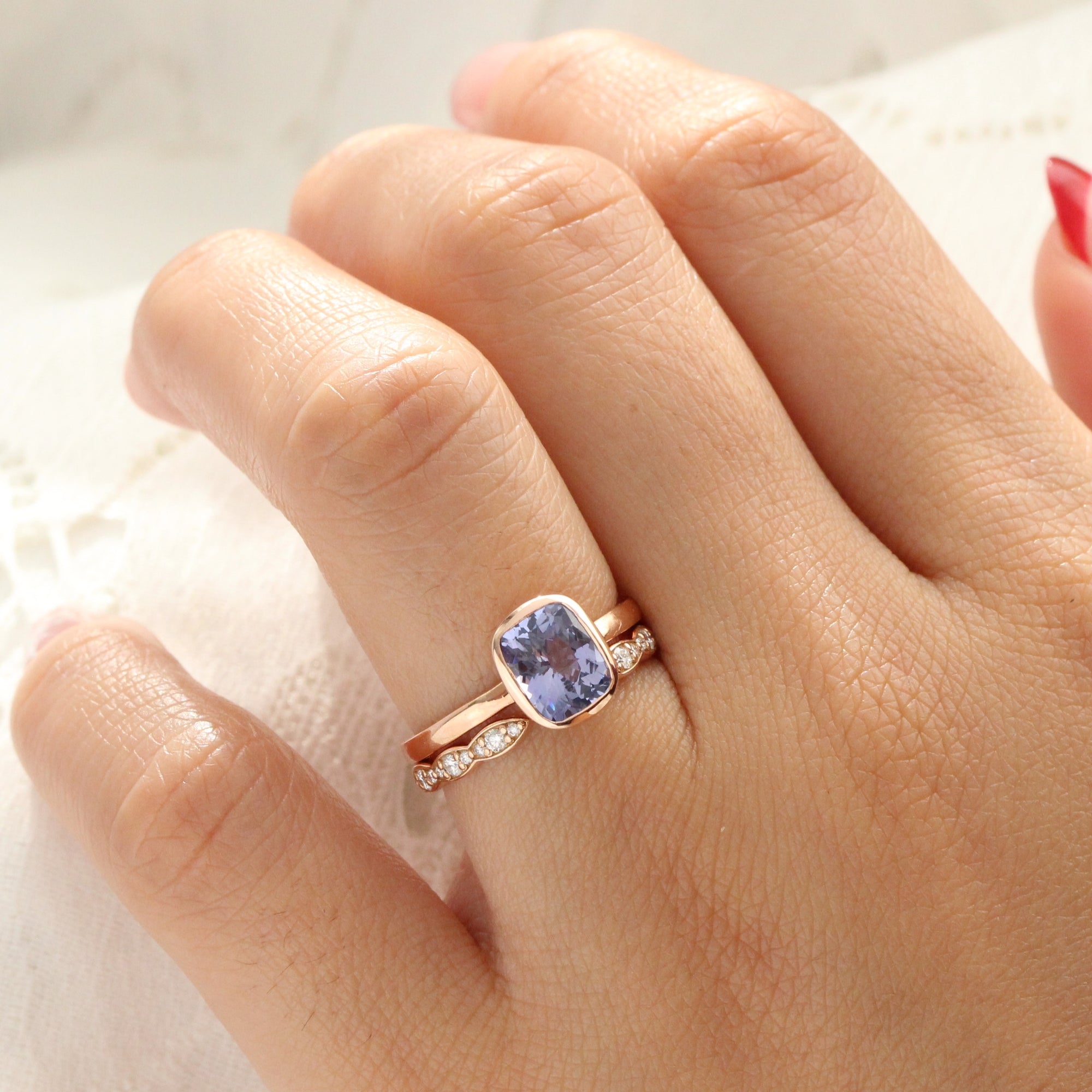 Cushion purple sapphire ring rose gold bezel solitaire ring la more design jewelry