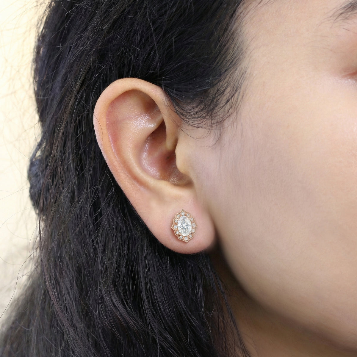 vintage halo diamond oval moissanite earrings rose gold diamond studs la more design jewelry