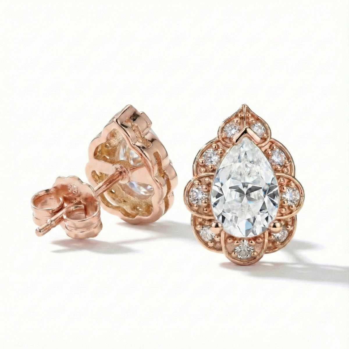 vintage halo diamond pear moissanite earrings rose gold diamond studs la more design jewelry