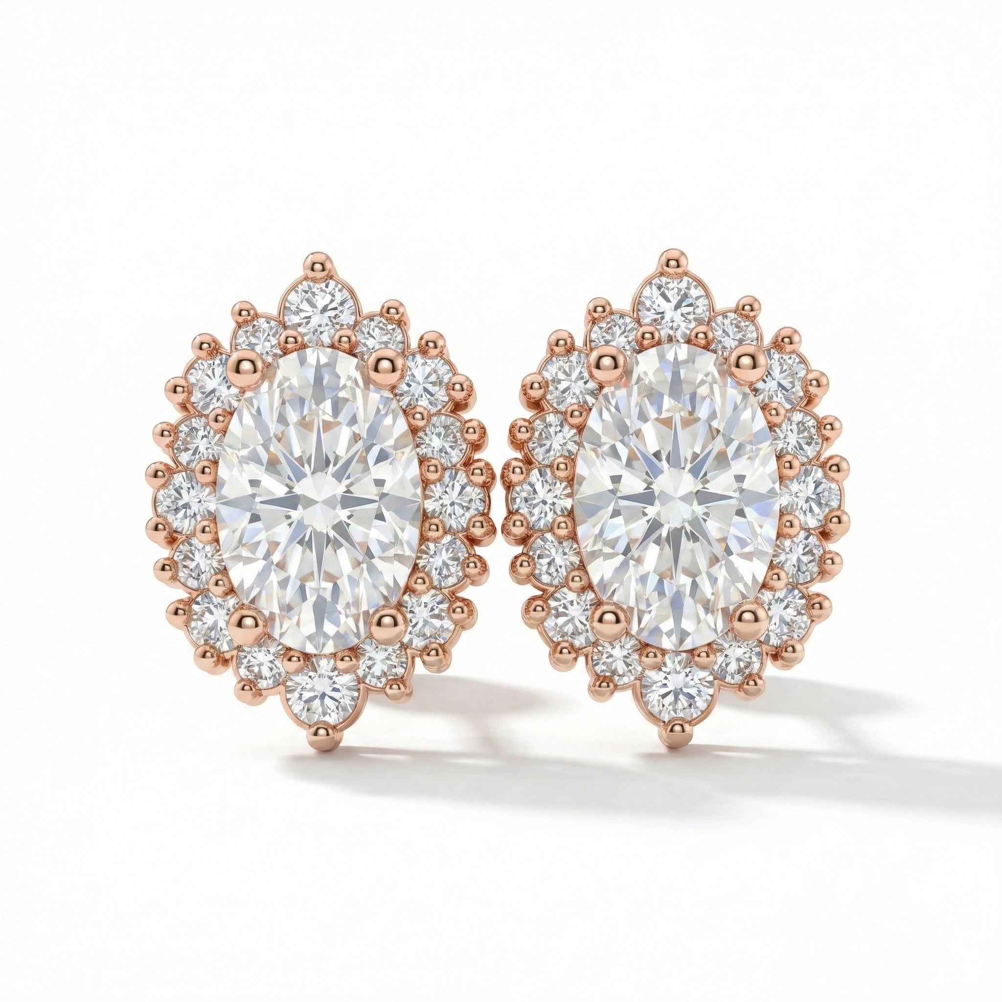 Tiara halo diamond oval moissanite earrings rose gold diamond studs la more design jewelry
