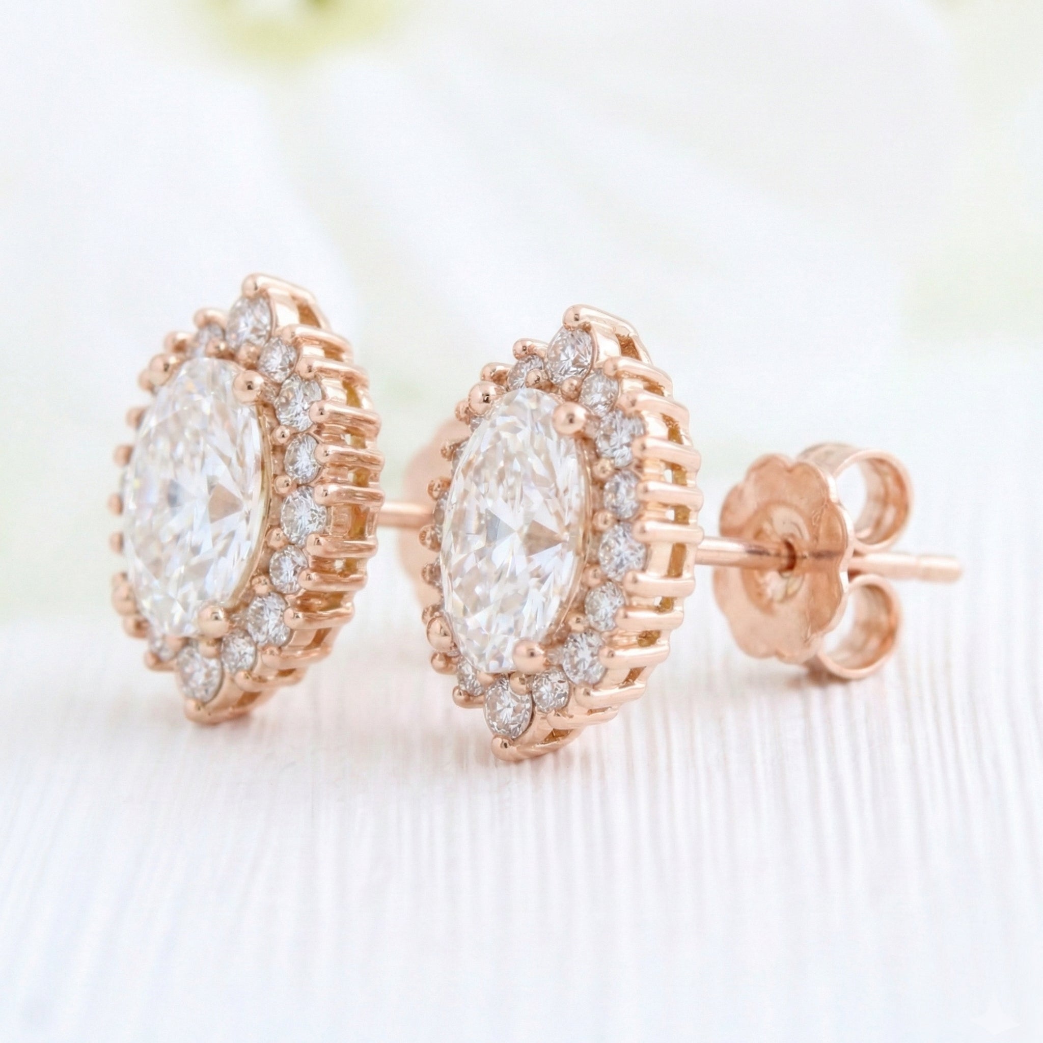 Tiara halo diamond oval moissanite earrings rose gold diamond studs la more design jewelry