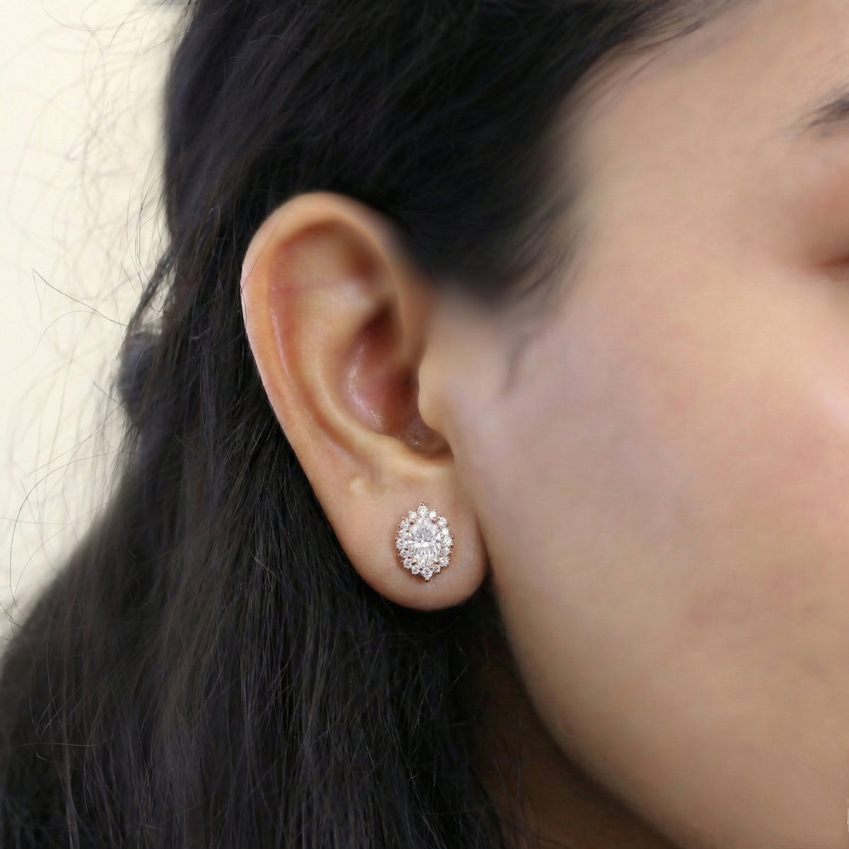 Tiara halo diamond oval moissanite earrings rose gold diamond studs la more design jewelry