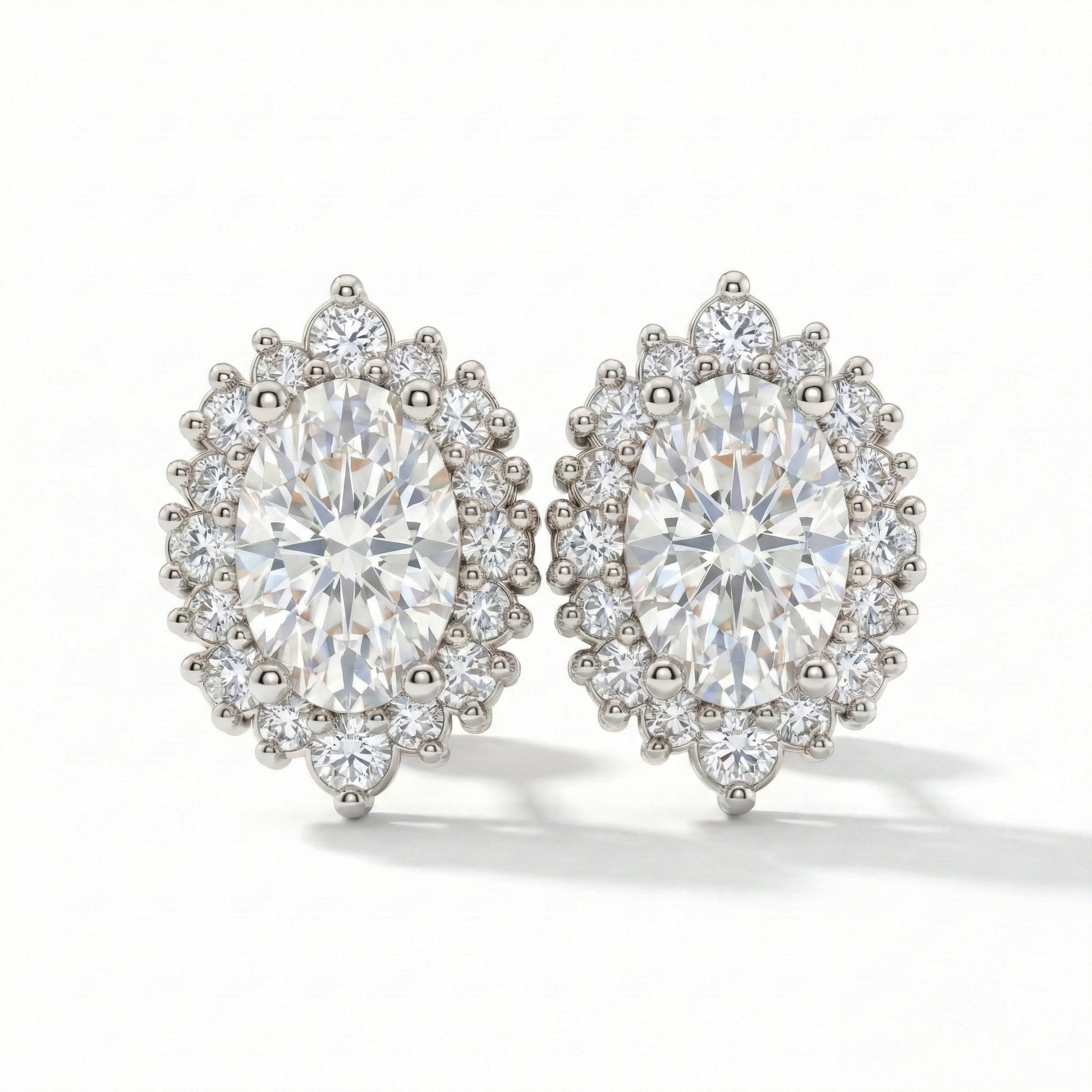 Tiara halo diamond oval moissanite earrings white gold diamond studs la more design jewelry