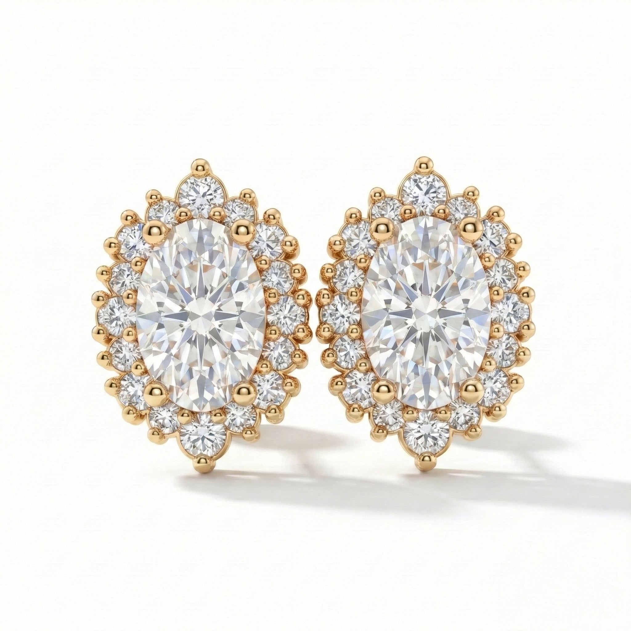 Tiara halo diamond oval moissanite earrings yellow gold diamond studs la more design jewelry