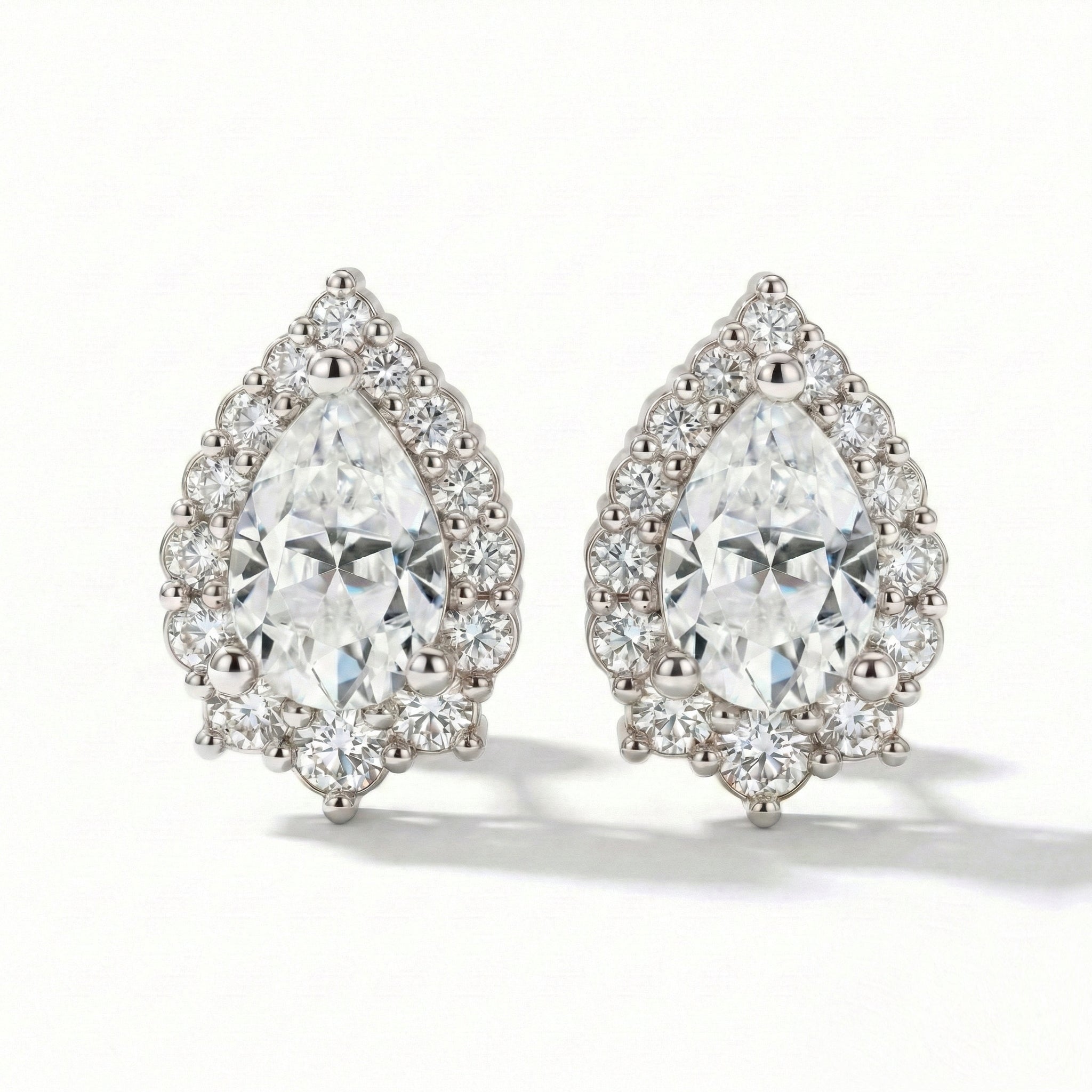 Tiara halo diamond pear moissanite earrings white gold diamond studs la more design jewelry
