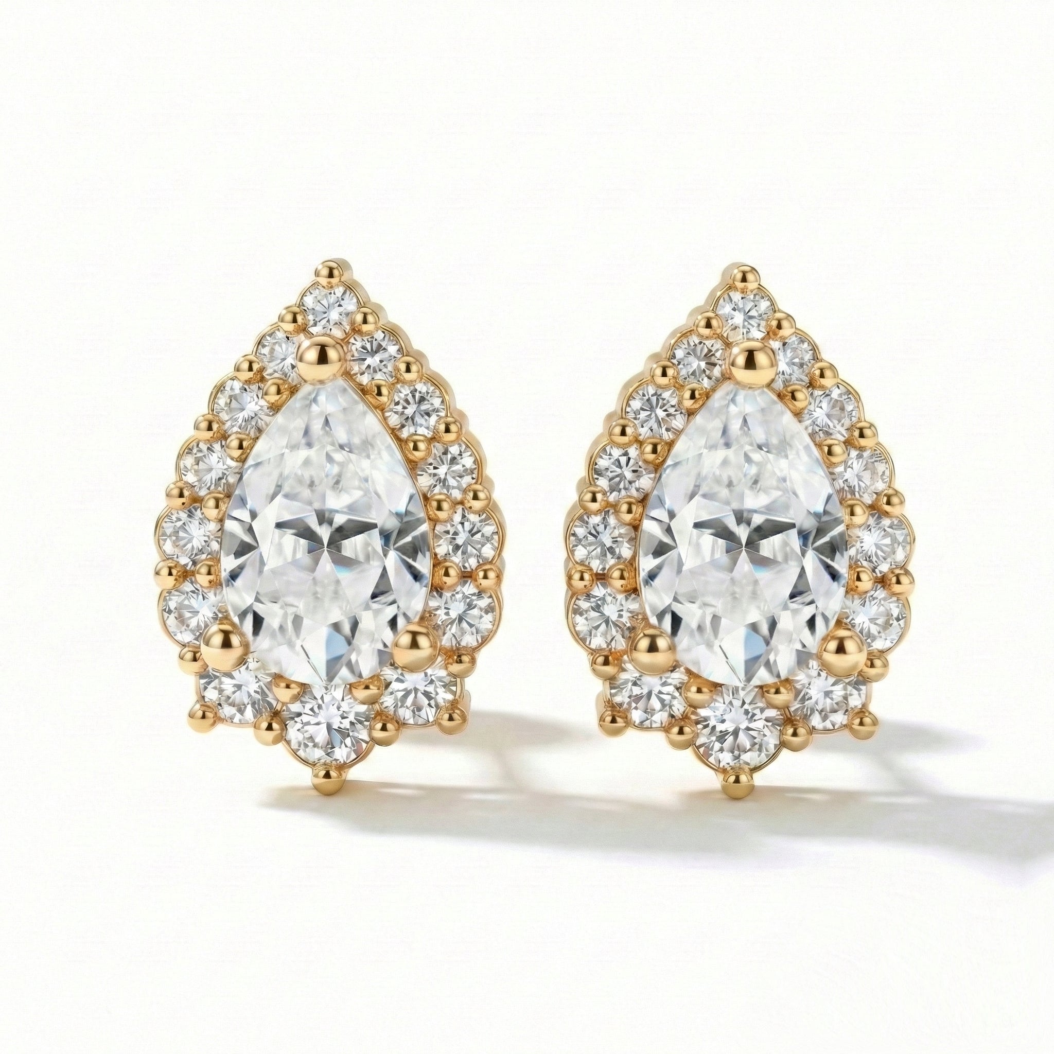 Tiara halo diamond pear moissanite earrings yellow  gold diamond studs la more design jewelry