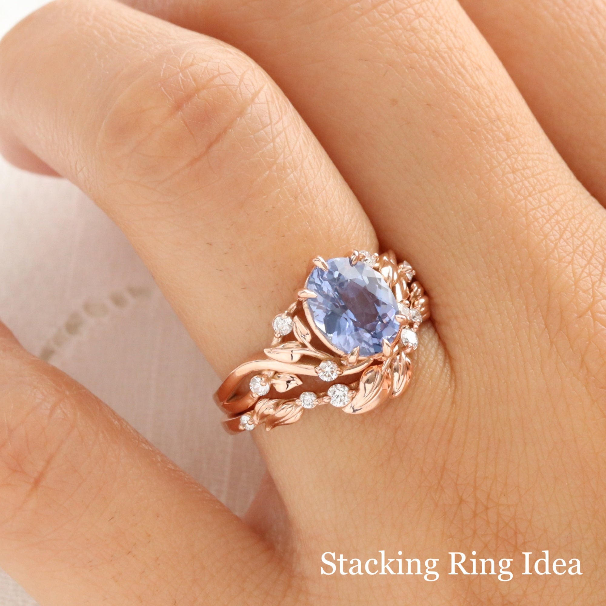 Floral Leaf Diamond Wedding Ring Rose Gold Stacking Blue Sapphire Ring Set La More Design Jewelry