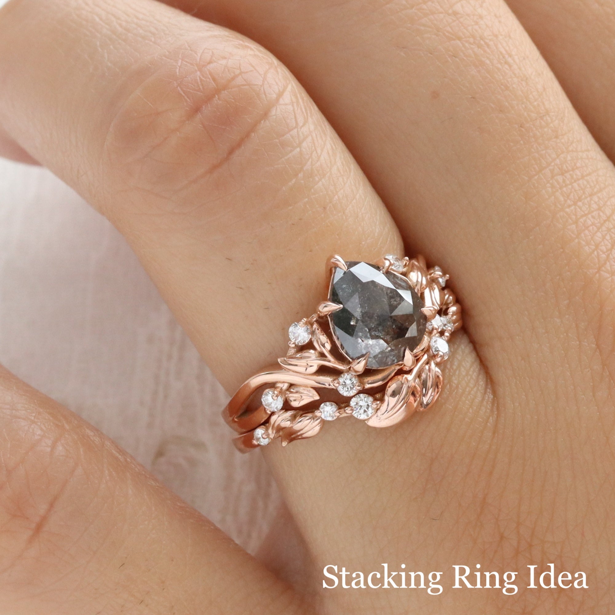 Floral Leaf Diamond Wedding Ring Rose Gold Stacking Grey Diamond Ring Set La More Design Jewelry