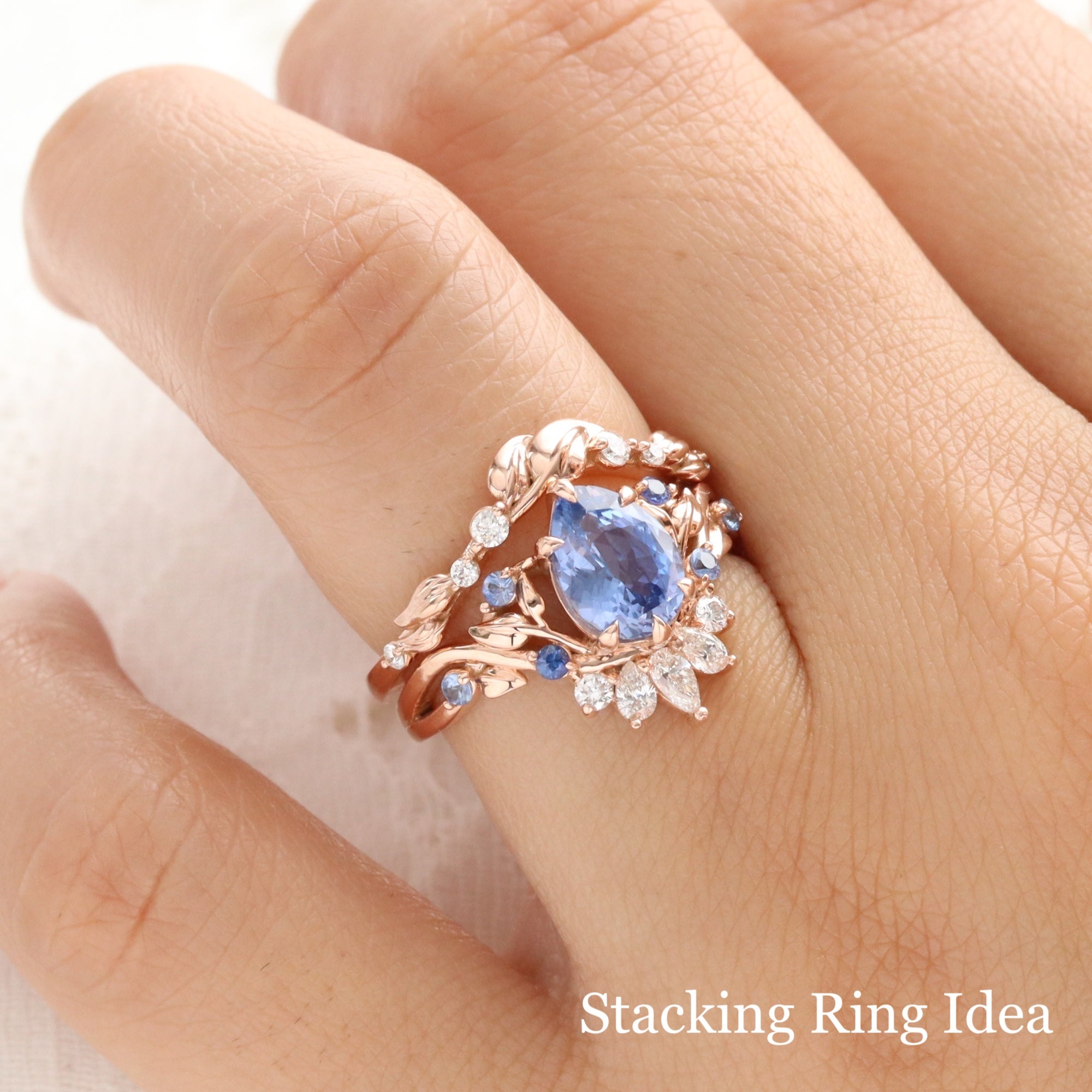 Floral Leaf Diamond Wedding Ring Rose Gold Stacking Blue Sapphire Ring Set La More Design Jewelry