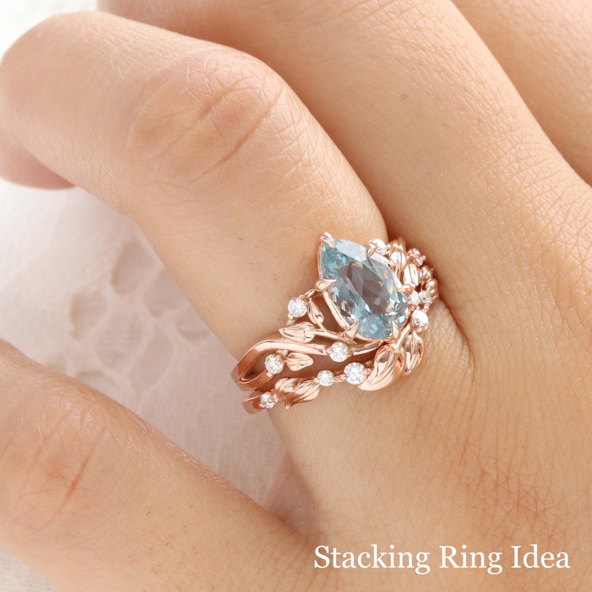 Floral Leaf Diamond Wedding Ring Rose Gold Stacking Blue Sapphire Ring Set La More Design Jewelry