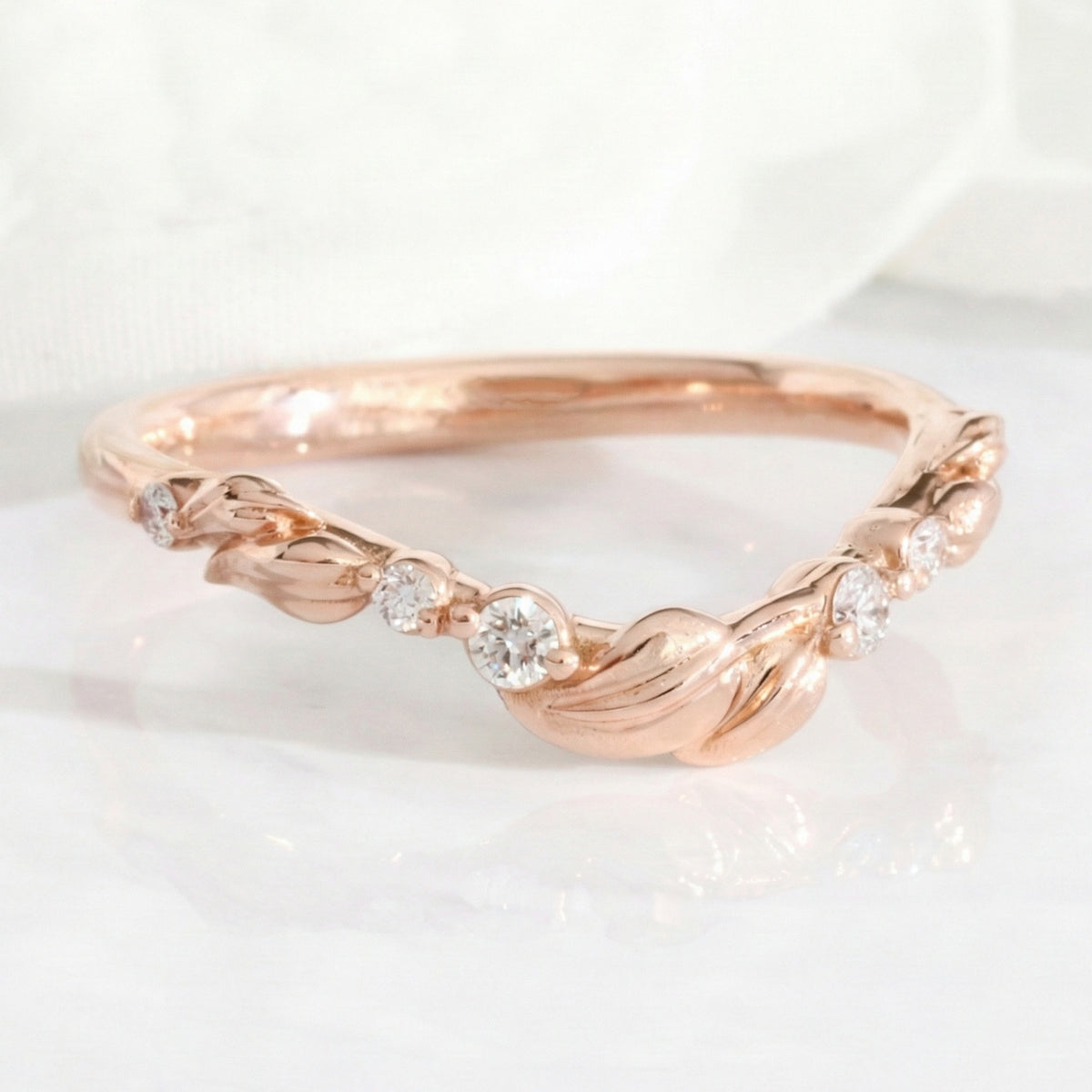 Floral Leaf Diamond Wedding Ring Rose Gold U Shaped Contour Wedding Band La More Design Jewelry