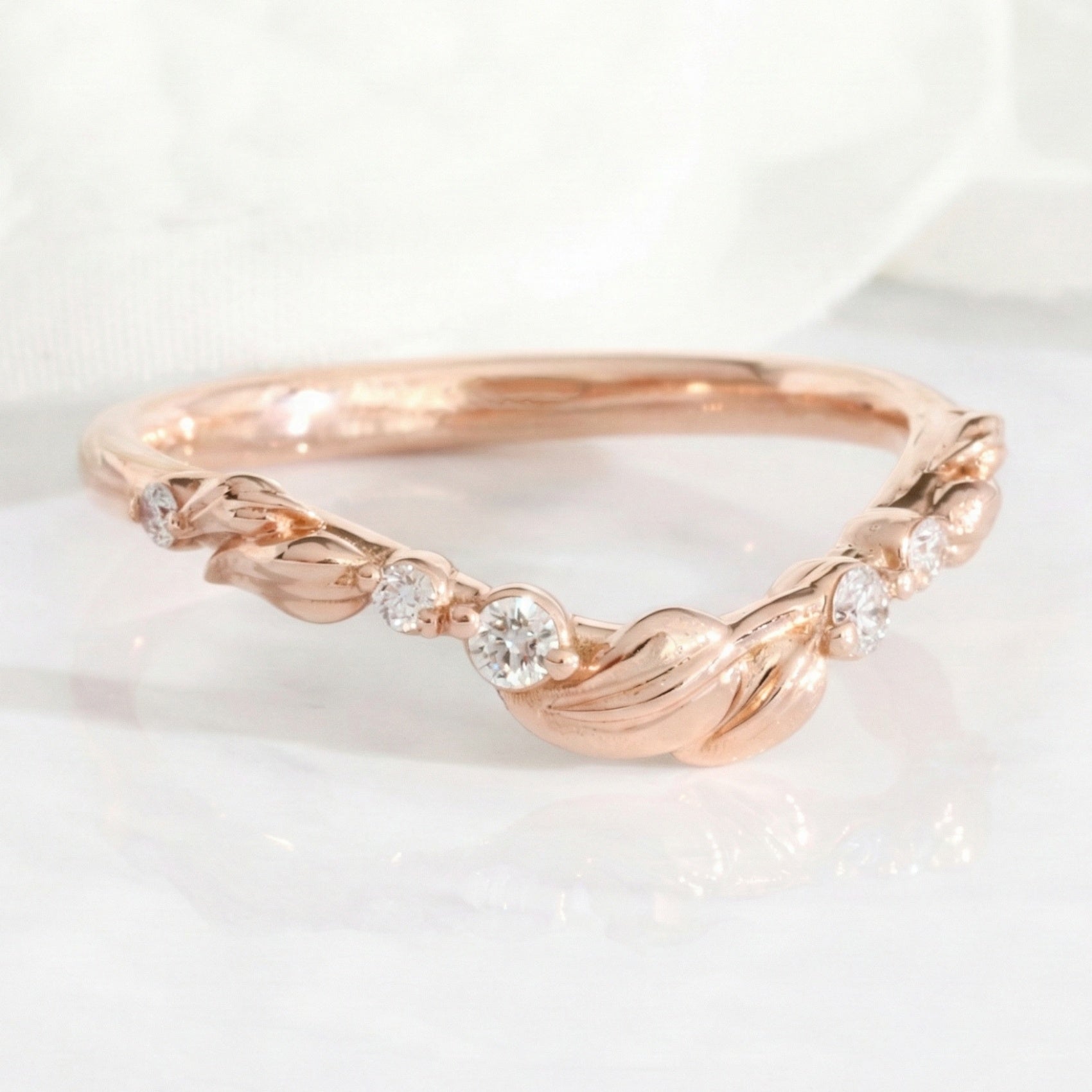 Floral Leaf Diamond Wedding Ring Rose Gold U Shaped Contour Wedding Band La More Design Jewelry