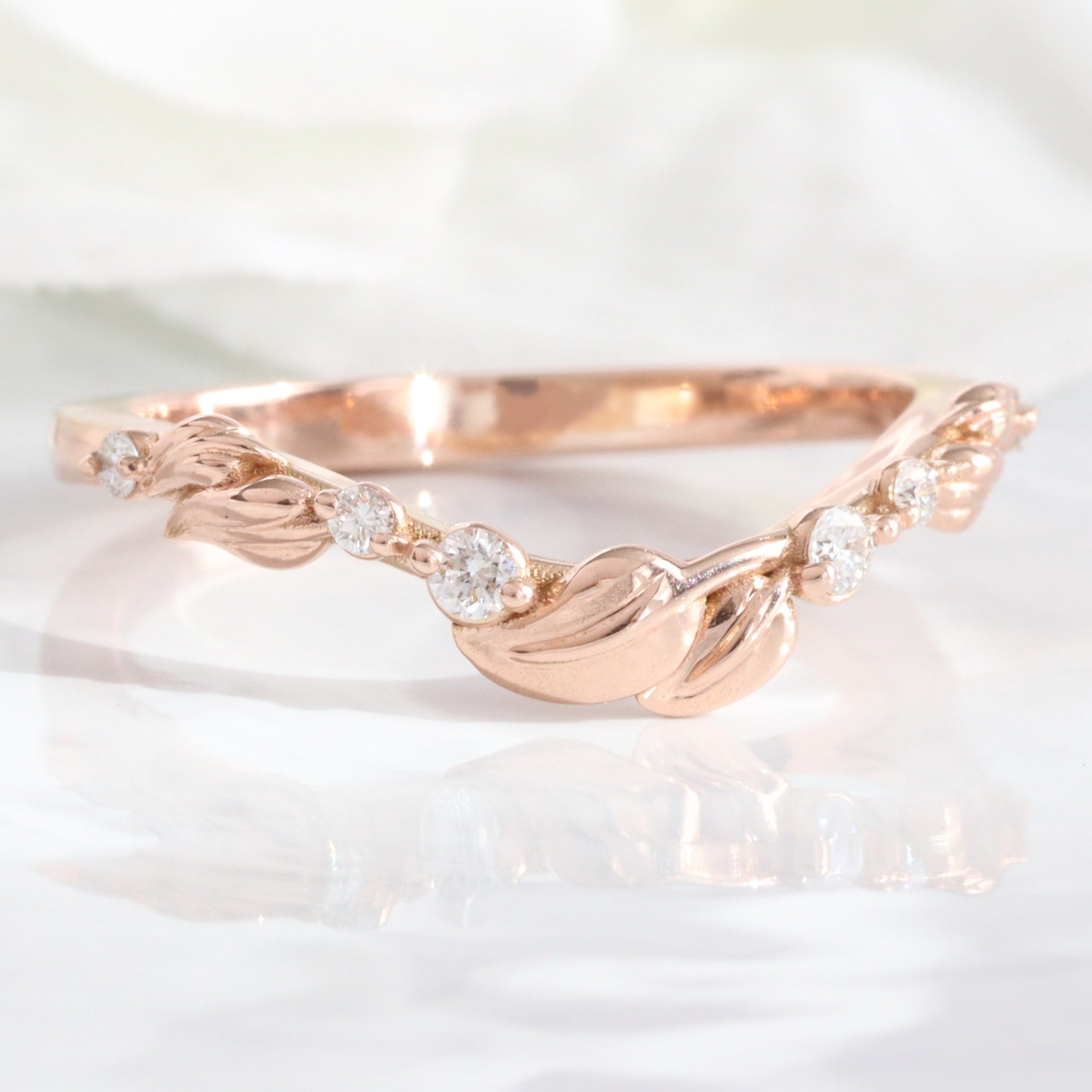 Floral Leaf Diamond Wedding Ring Rose Gold U Shaped Contour Wedding Band La More Design Jewelry