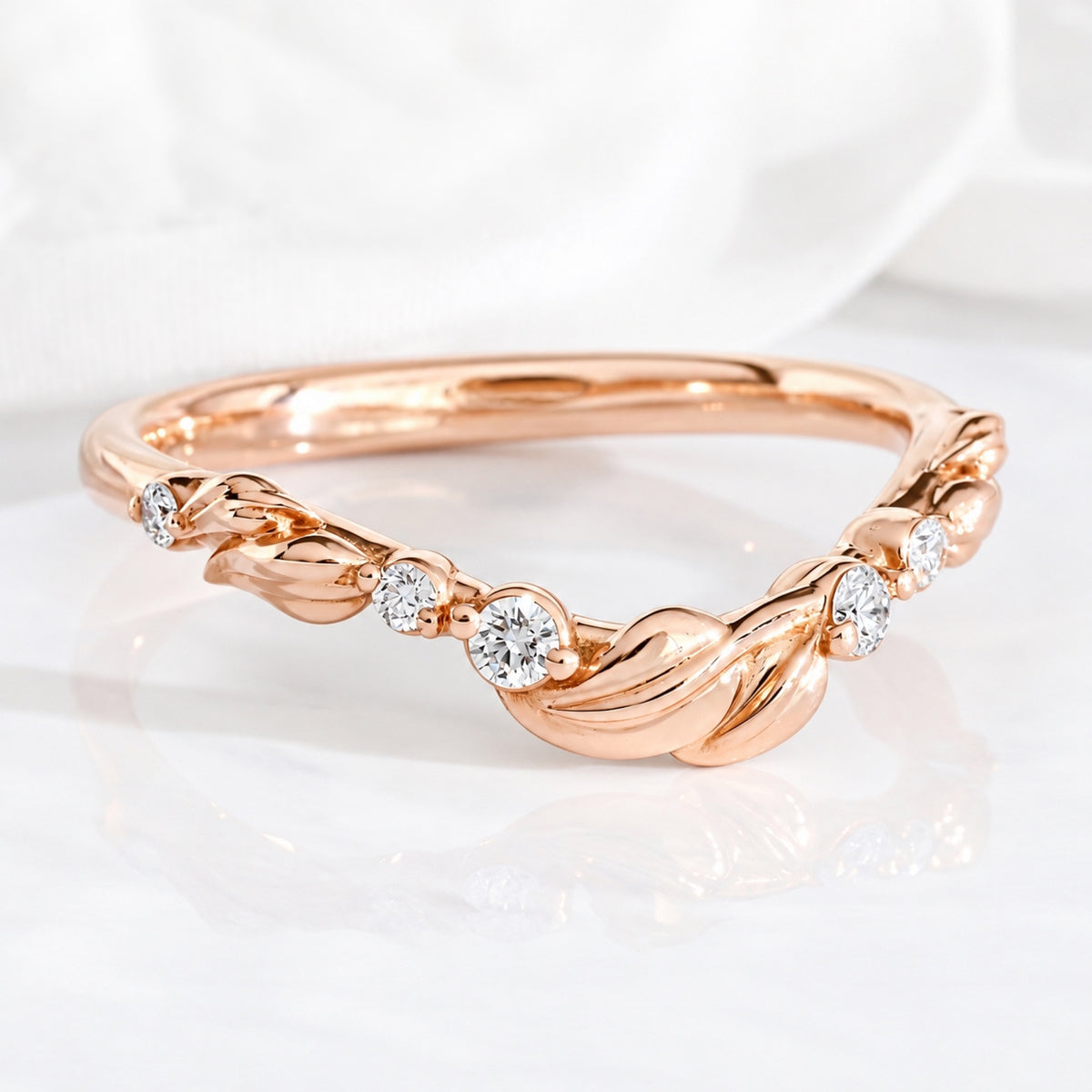 Floral Leaf Diamond Wedding Ring Rose Gold U Shaped Contour Wedding Band La More Design Jewelry