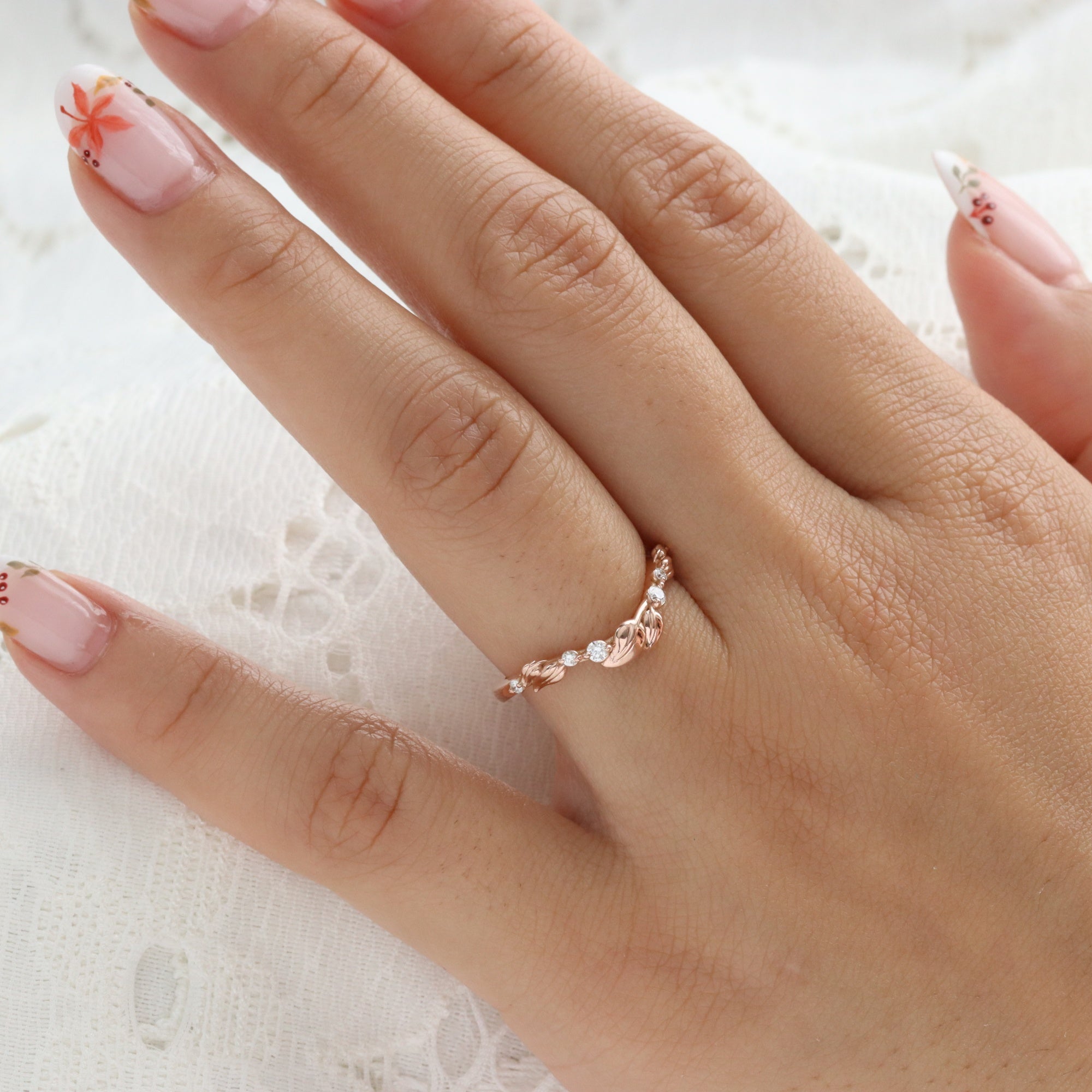 Floral Leaf Diamond Wedding Ring Rose Gold U Shaped Contour Wedding Band La More Design Jewelry