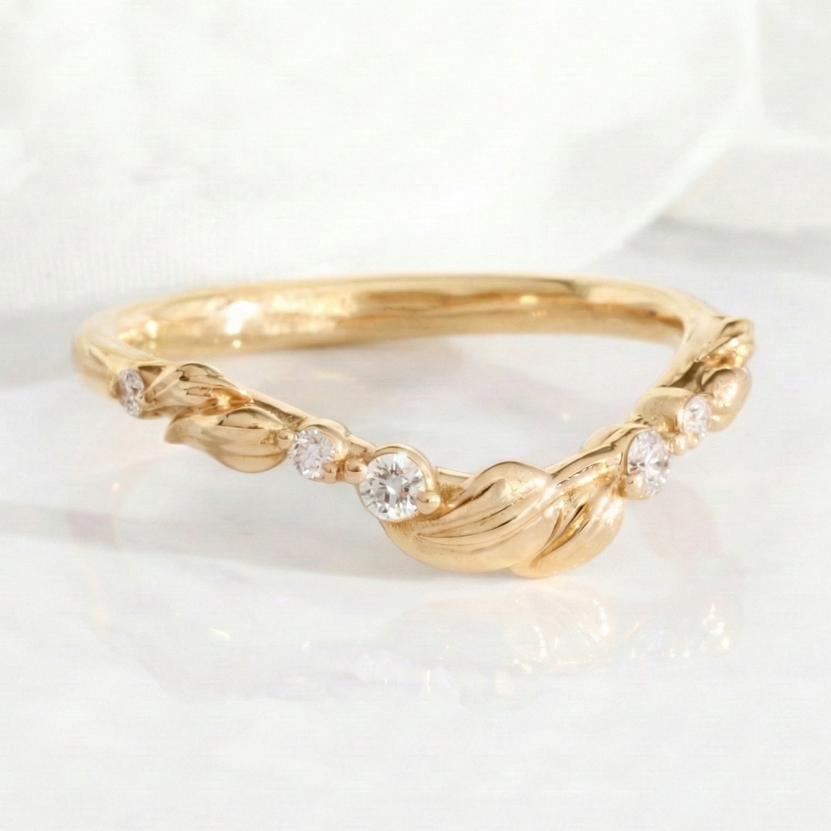 Floral Leaf Diamond Wedding Ring Yellow Gold U Shaped Contour Wedding Band La More Design Jewelry