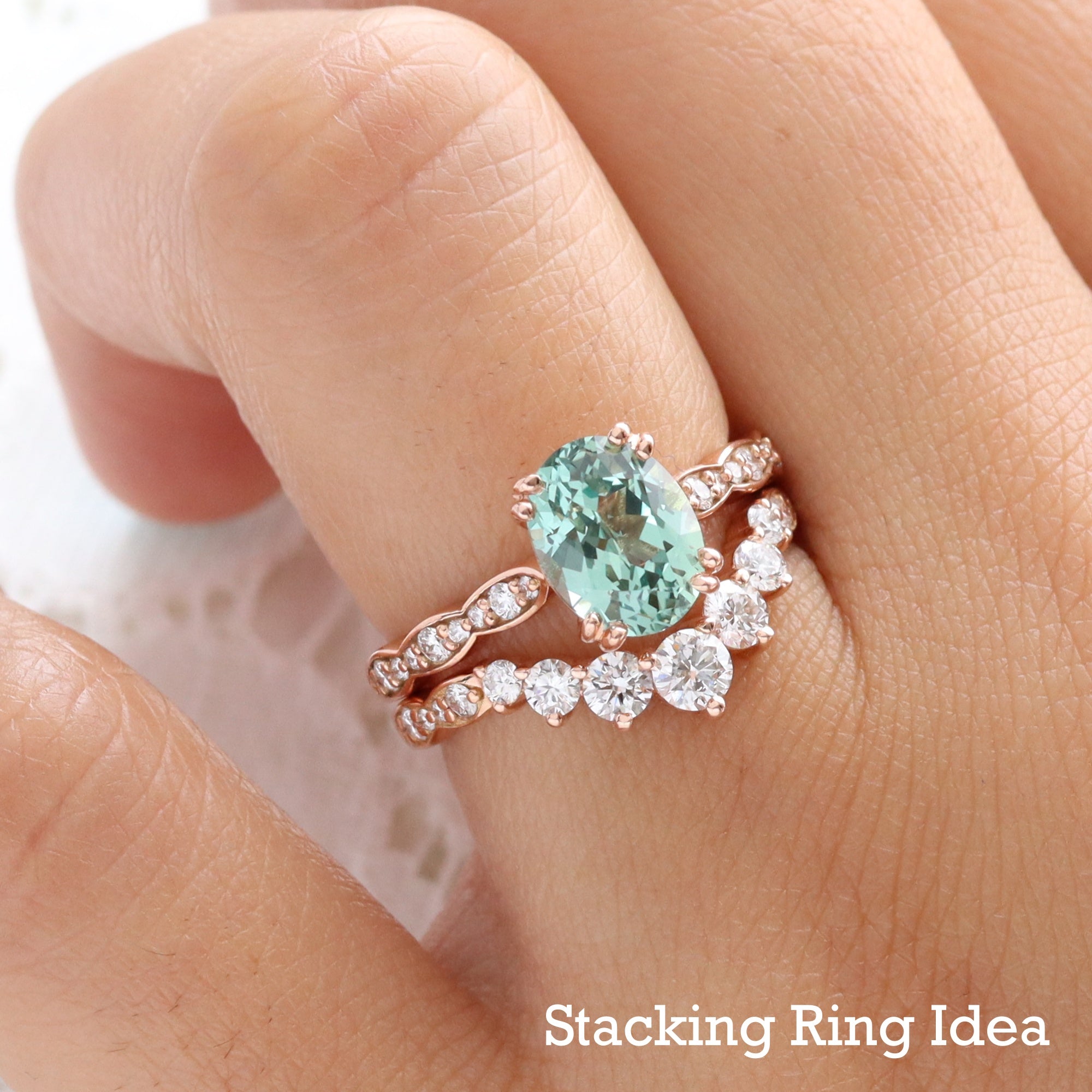 Oval green sapphire ring bridal set rose gold solitaire sapphire diamond engagement ring stack la more design jewelry