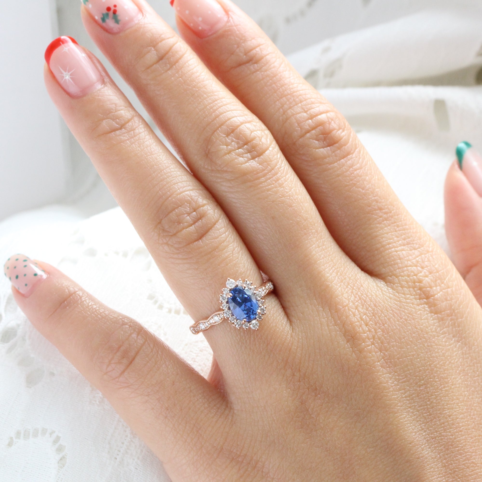 Halo diamond Ceylon blue sapphire ring rose gold oval sapphire diamond ring la more design jewelry