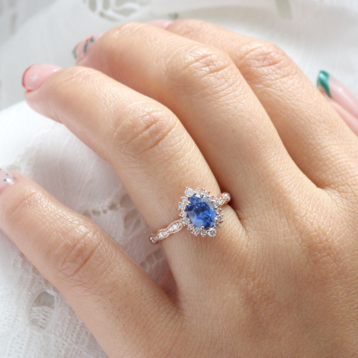 Belize Diamond Rings Oval Ceylon Blue Sapphire Ring Rose Gold Halo Diamond Engagement Ring ...