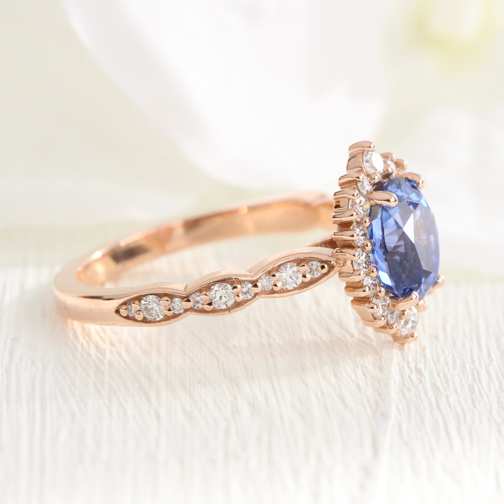 Halo diamond Ceylon blue sapphire ring rose gold oval sapphire diamond ring la more design jewelry