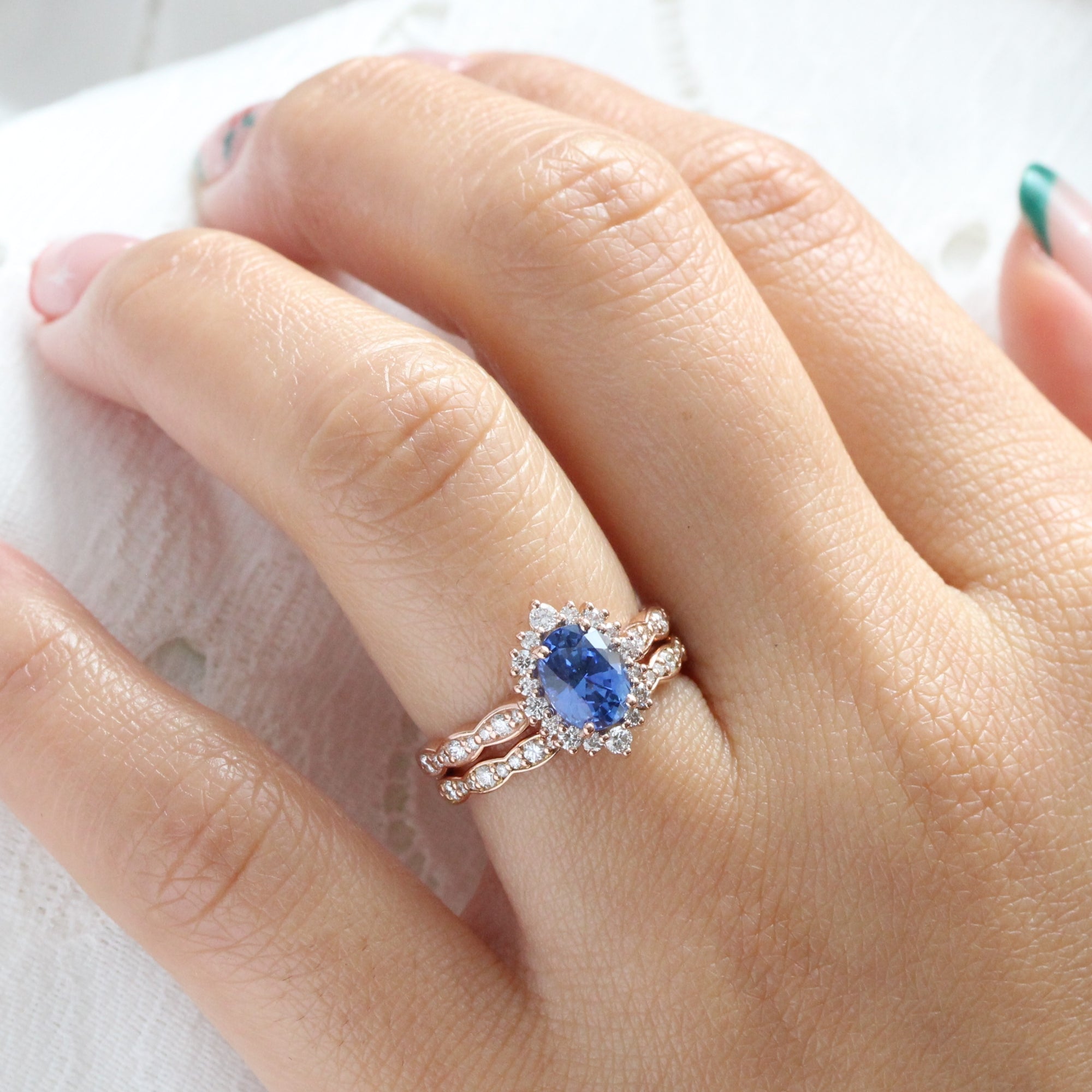 Halo diamond Ceylon blue sapphire ring rose gold oval sapphire diamond ring la more design jewelry