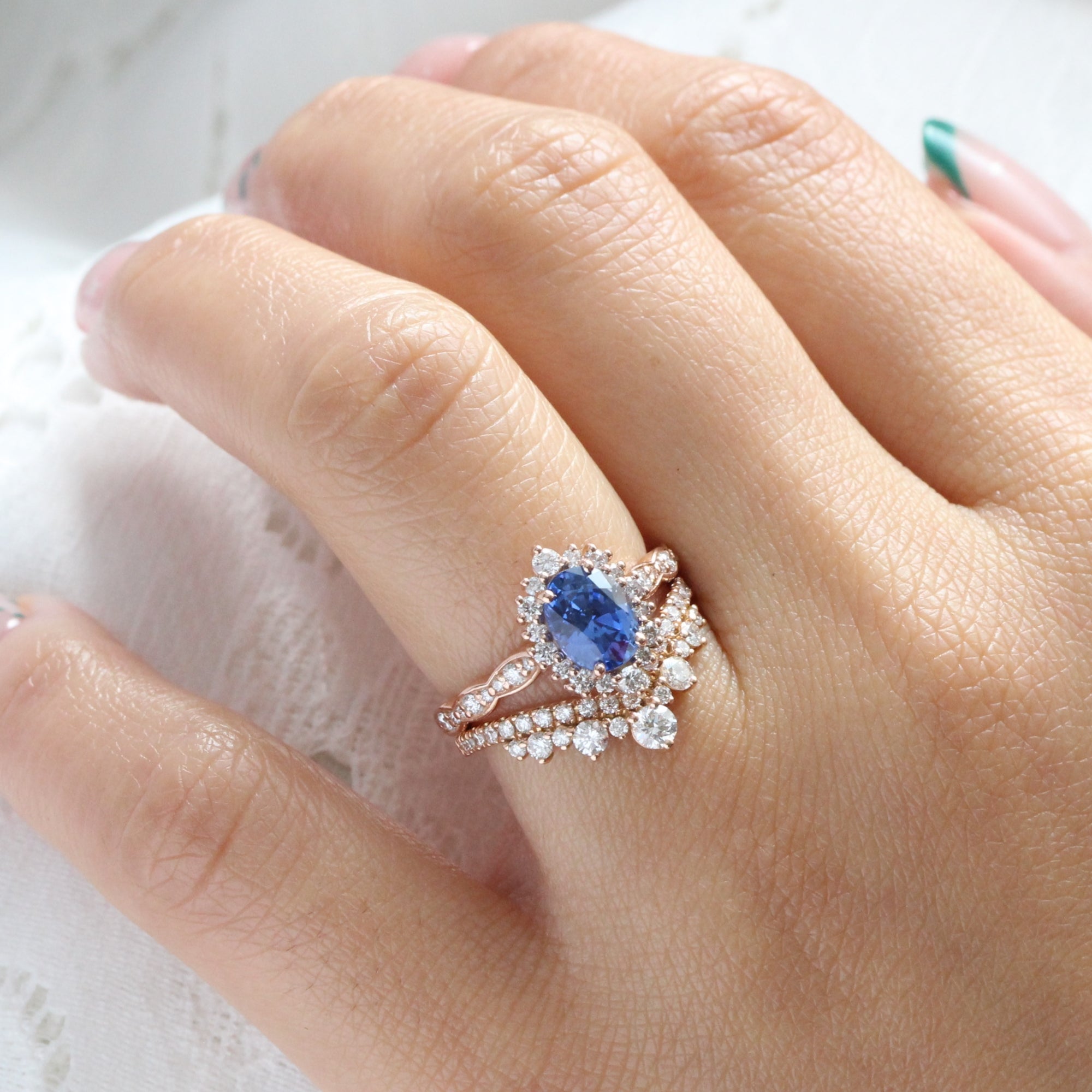 Halo diamond Ceylon blue sapphire ring rose gold oval sapphire diamond ring la more design jewelry