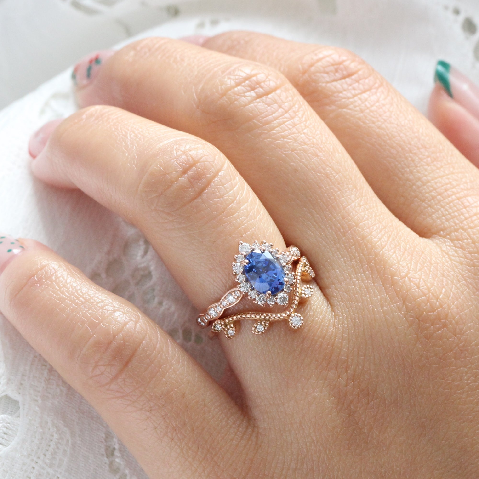 Halo diamond Ceylon blue sapphire ring rose gold oval sapphire diamond ring la more design jewelry