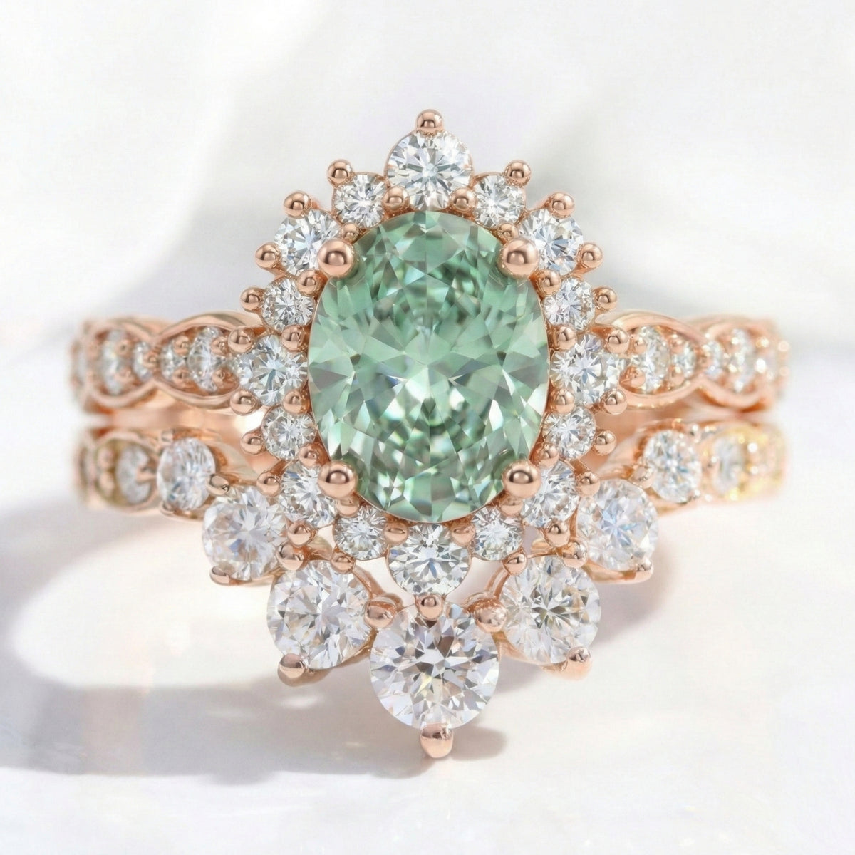 Halo diamond oval green sapphire ring bridal set rose gold deep curved diamond wedding band stack la more design jewelry