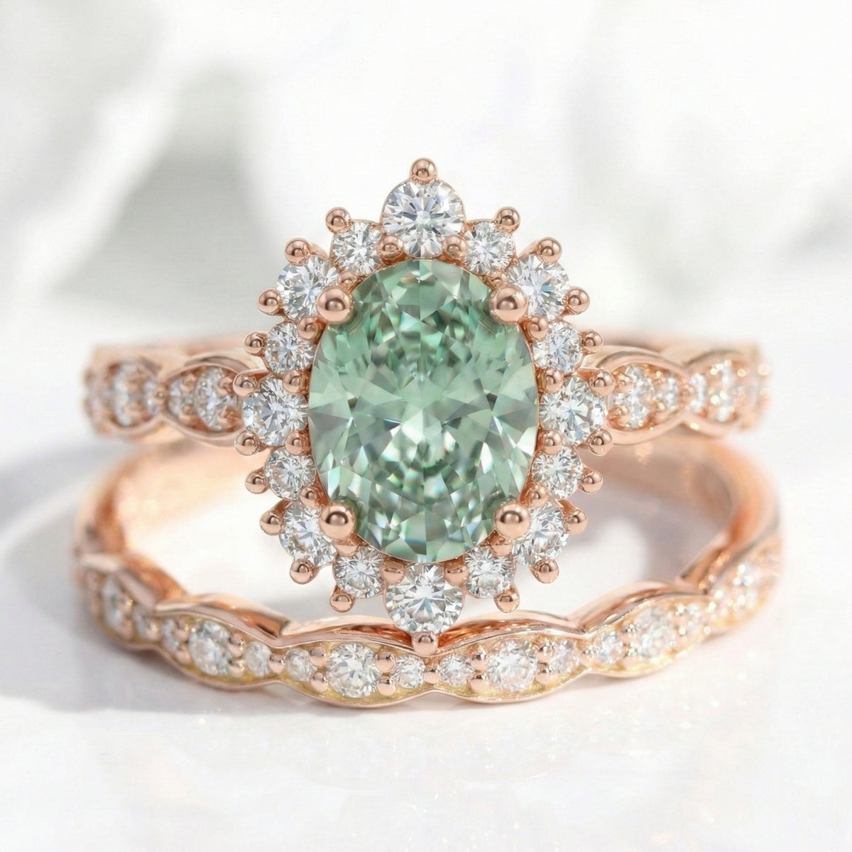 Halo diamond oval green sapphire ring bridal set rose gold matching diamond wedding band stack la more design jewelry