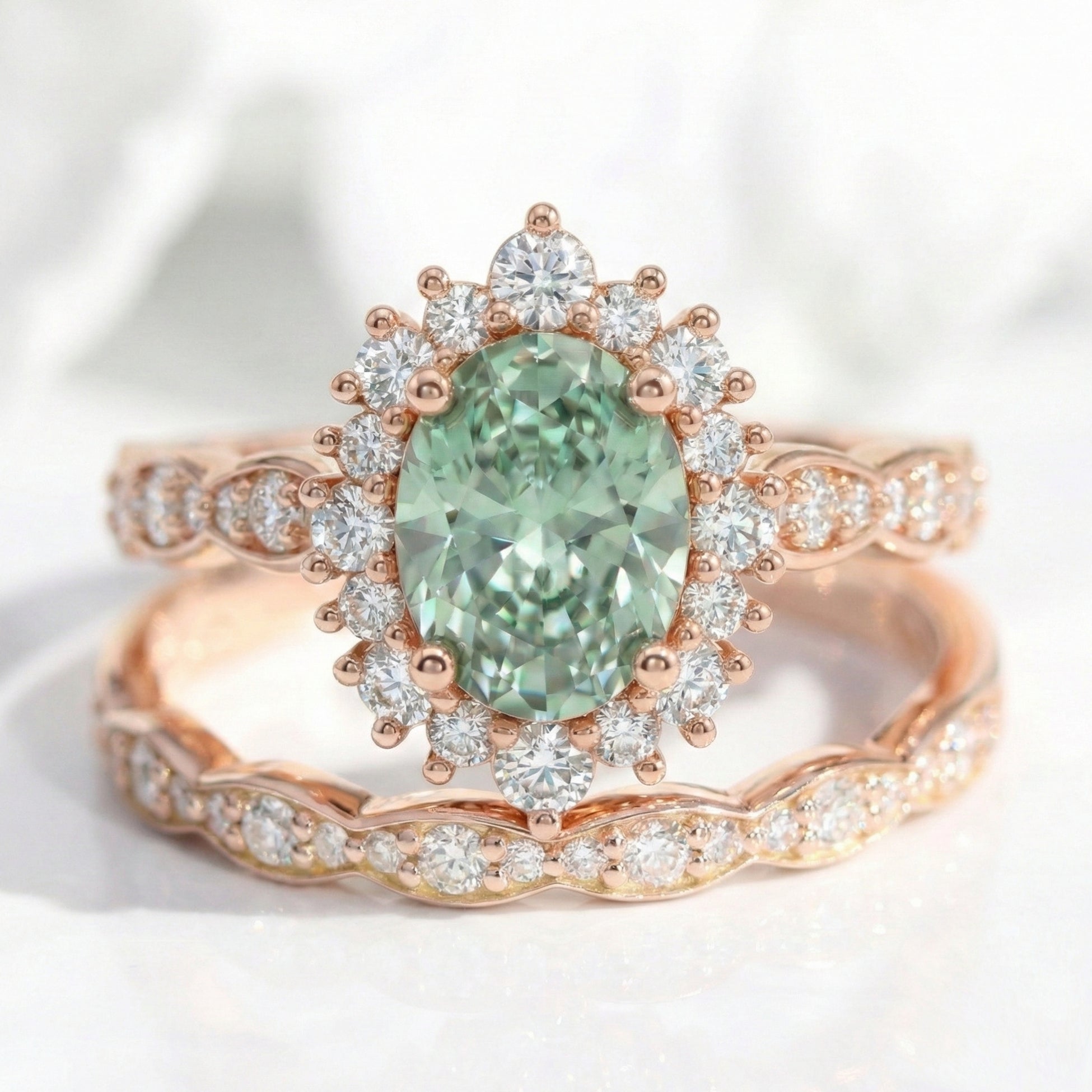 Halo diamond oval green sapphire ring bridal set rose gold matching diamond wedding band stack la more design jewelry