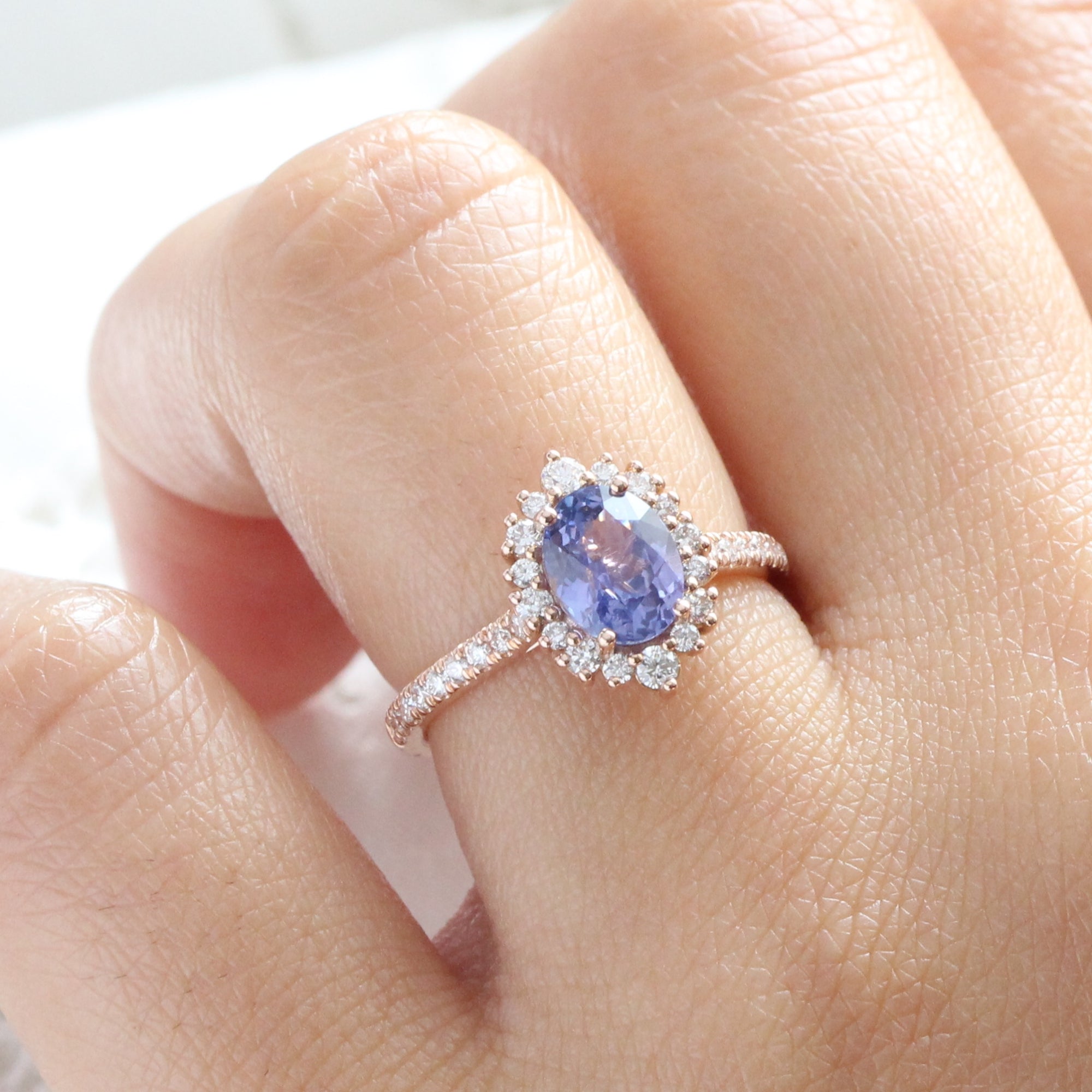 Halo diamond oval lavender sapphire ring rose gold purple sapphire diamond ring la more design jewelry
