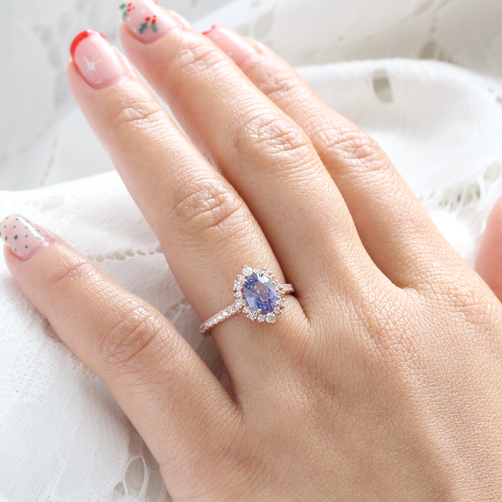 Oval Purple Sapphire Halo Diamond Ring Rose Gold Lavender Sapphire