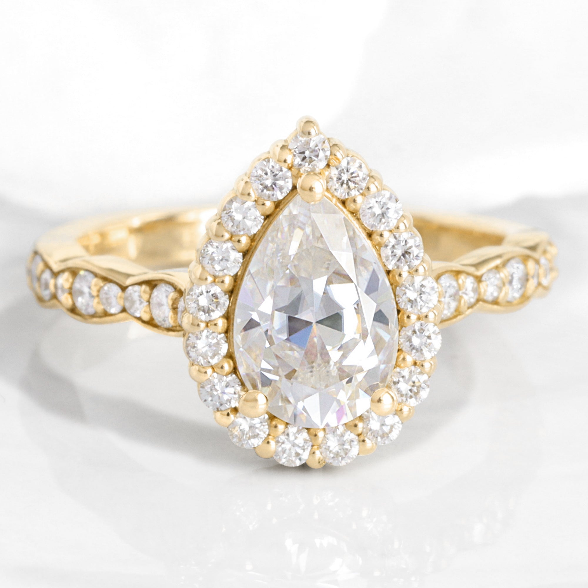 Halo diamond pear moissanite engagement ring yellow gold moissanite diamond cluster ring la more design jewelry