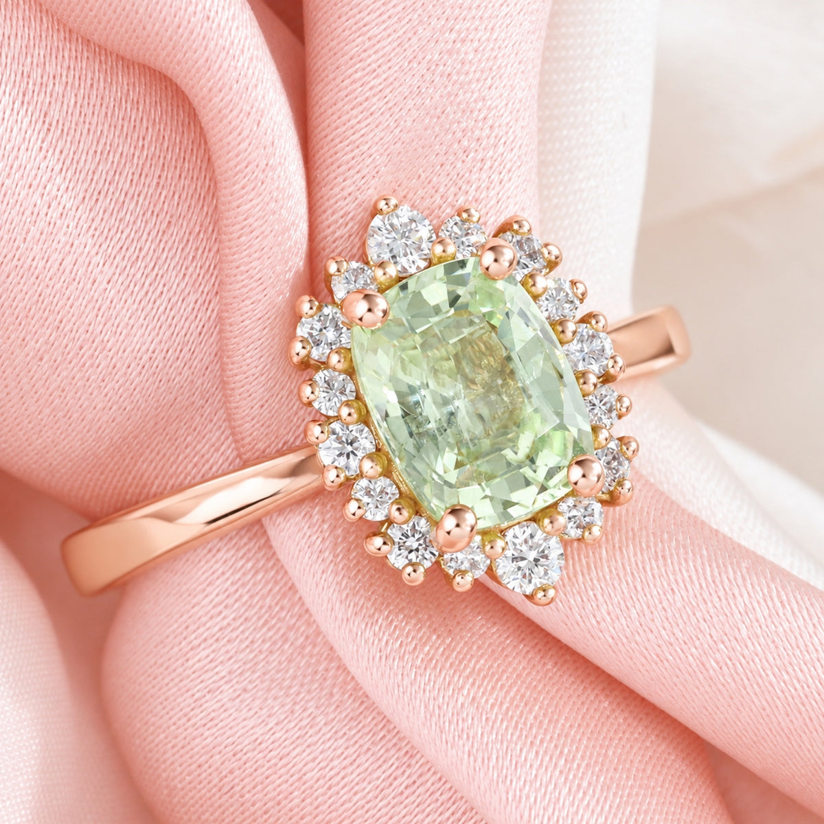 Halo diamond sea foam green sapphire ring rose gold cushion sapphire ring la more design jewelry